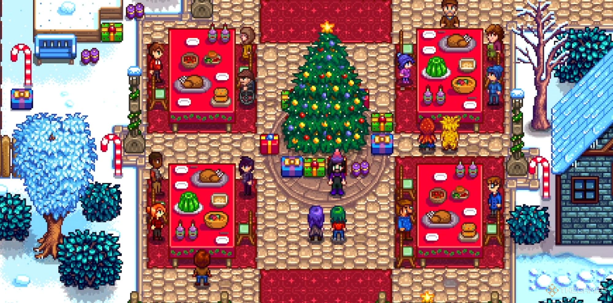 a farmer in the middle of the feast of the winter star festival stardew valley