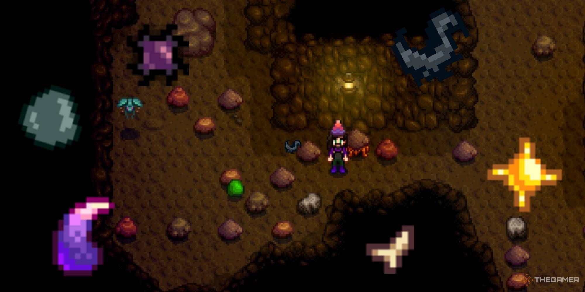 a farmer in the mines with several monsters and monster loot stardew valley