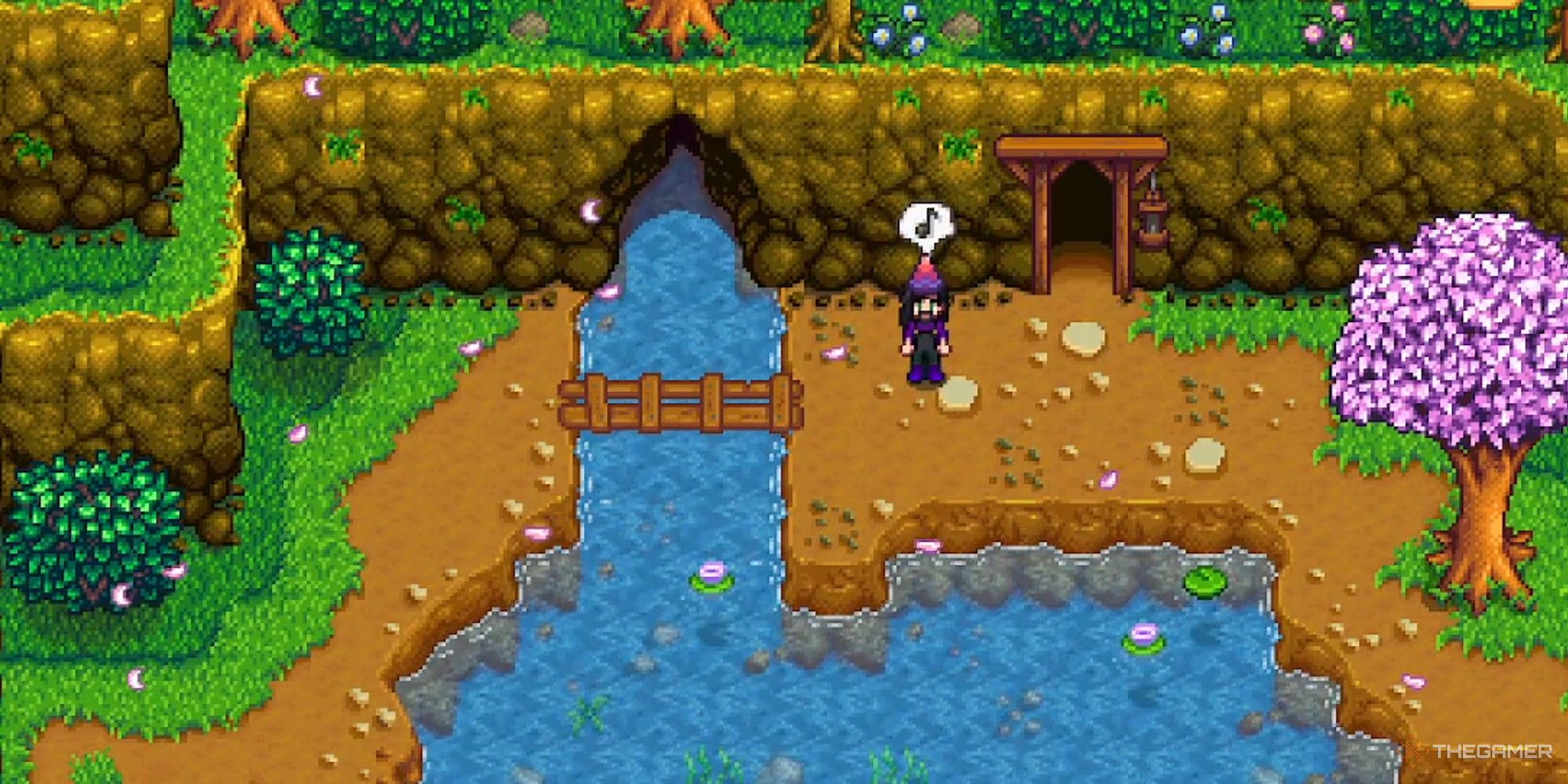 a farmer outside the mines in pelican town stardew valley