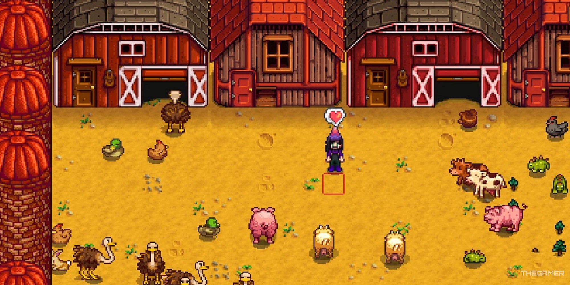 a farmer standing in an animal area with barns, coops, silos, and multiple animals stardew valley-1