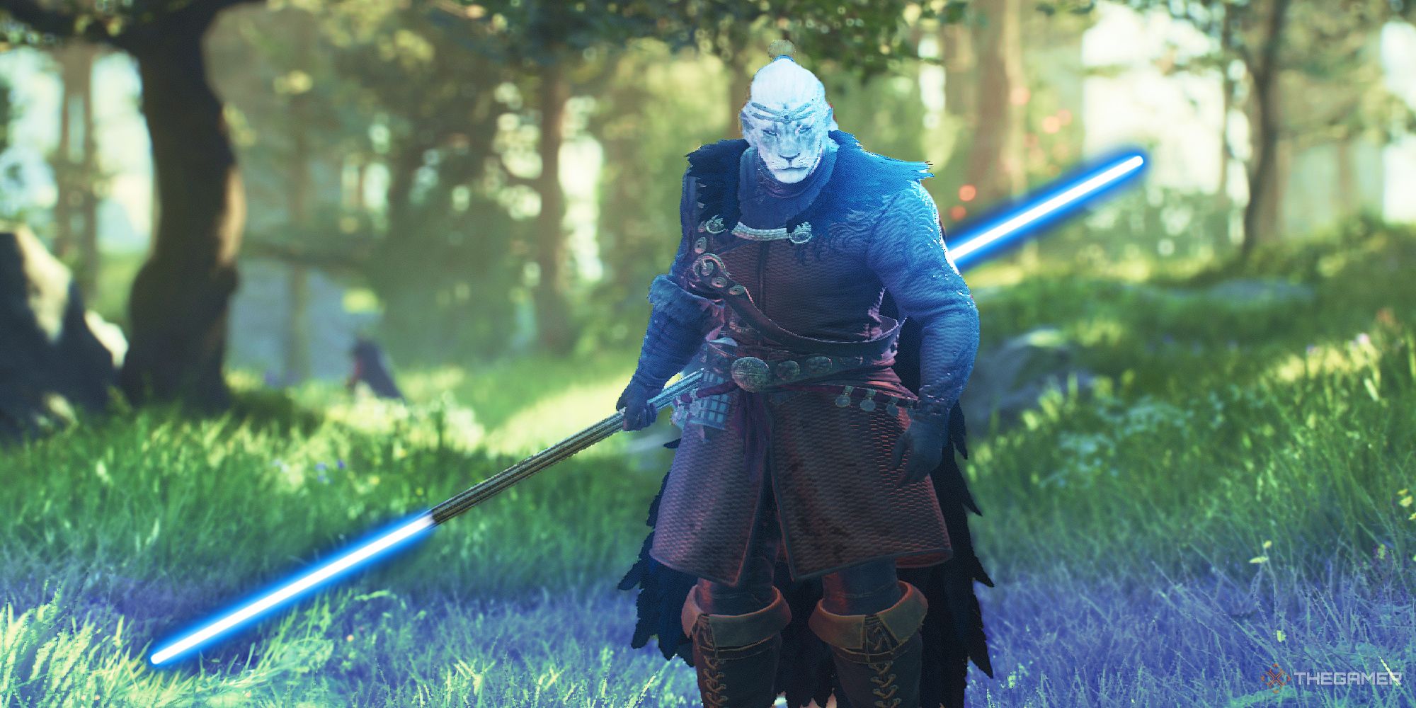 a mystic spearhand arisen from dragon's dogma 2 carrying a blue lightsabre