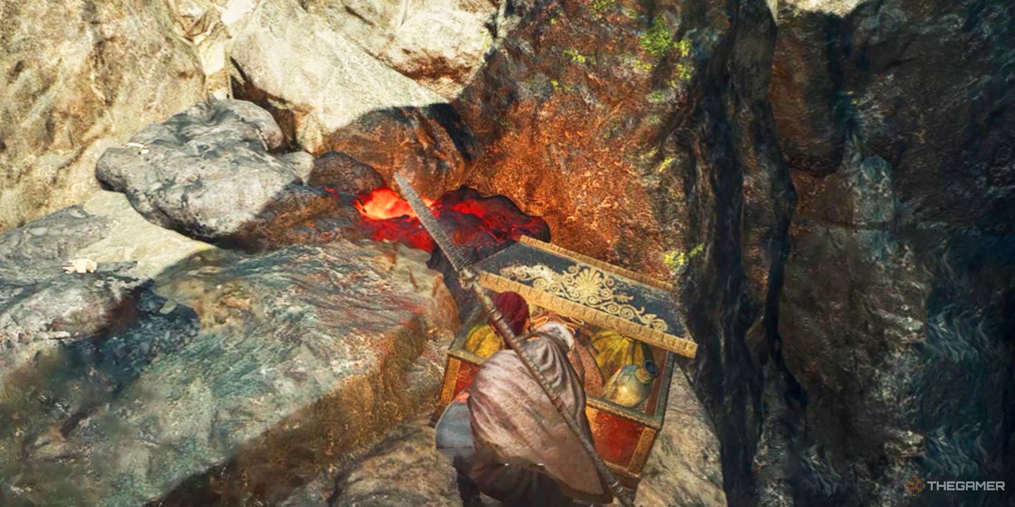 A player opening a chest in Mountain Base cave to get Cinderspine in Dragon's Dogma 2