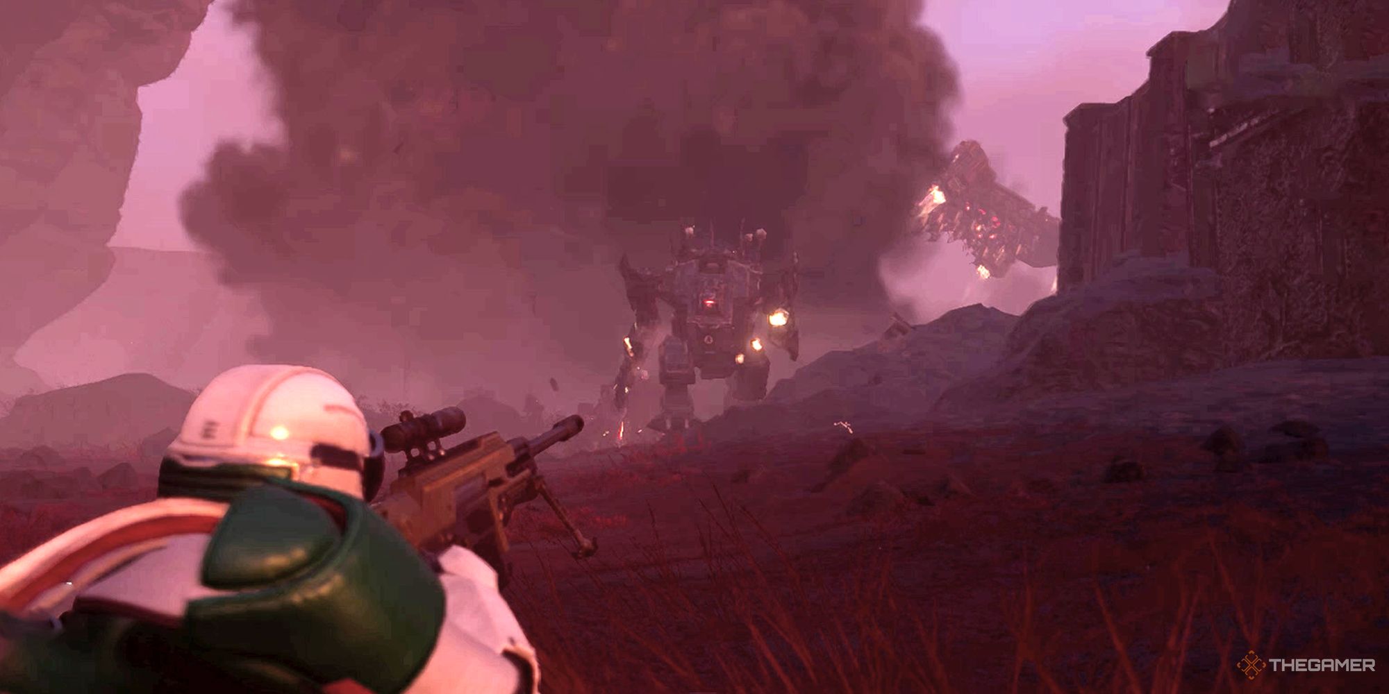 A player using the APW-1 Anti-Materiel Rifle to destroy a Hulk in Helldivers 2