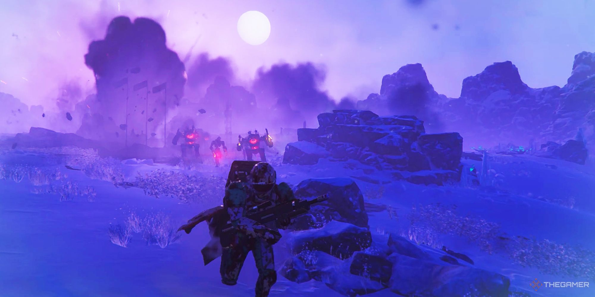 A player wearing supply pack is running away from Berserkers in Helldivers 2