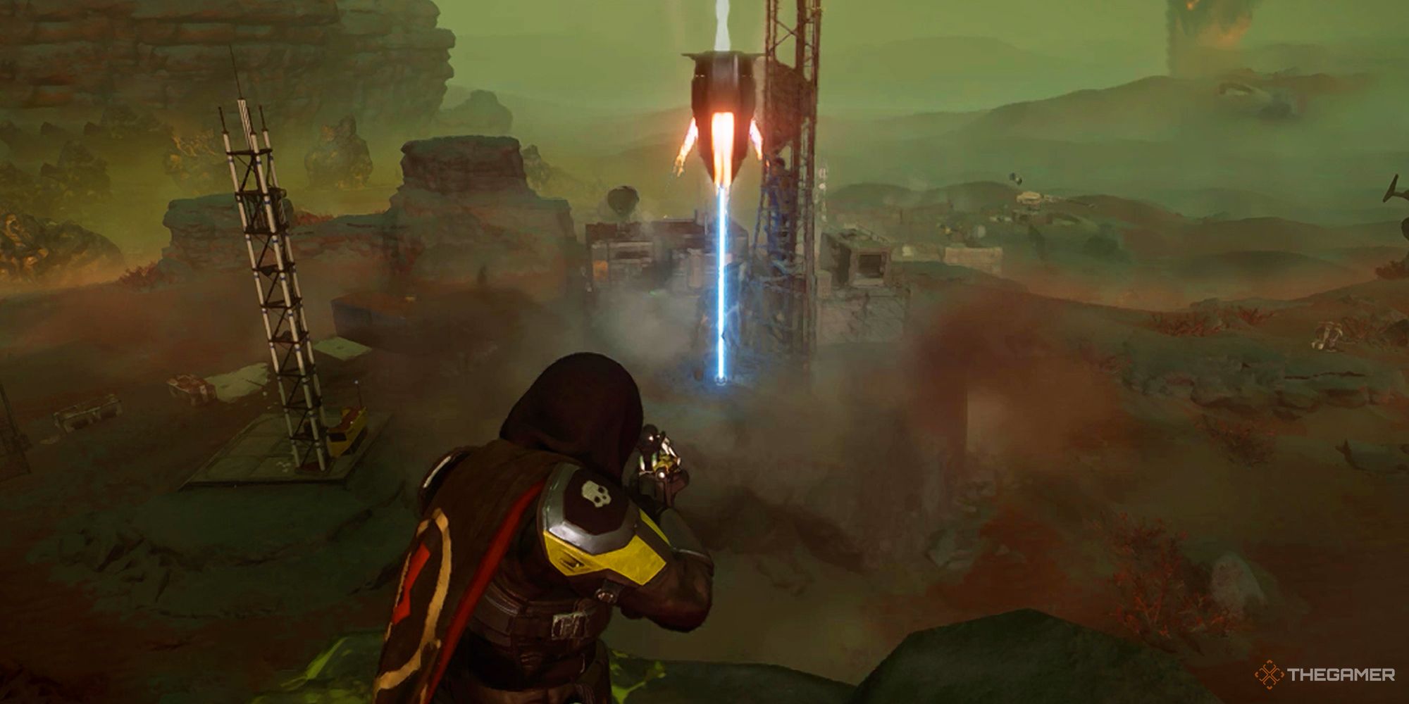 A resupply pod landing on a charger's head in Helldivers 2