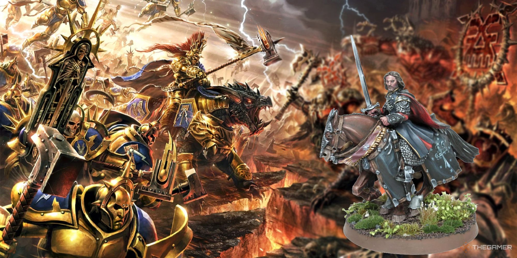 Age of Sigmar Stormcast Eternals facing off against Aragorn from the Lord of the Rings