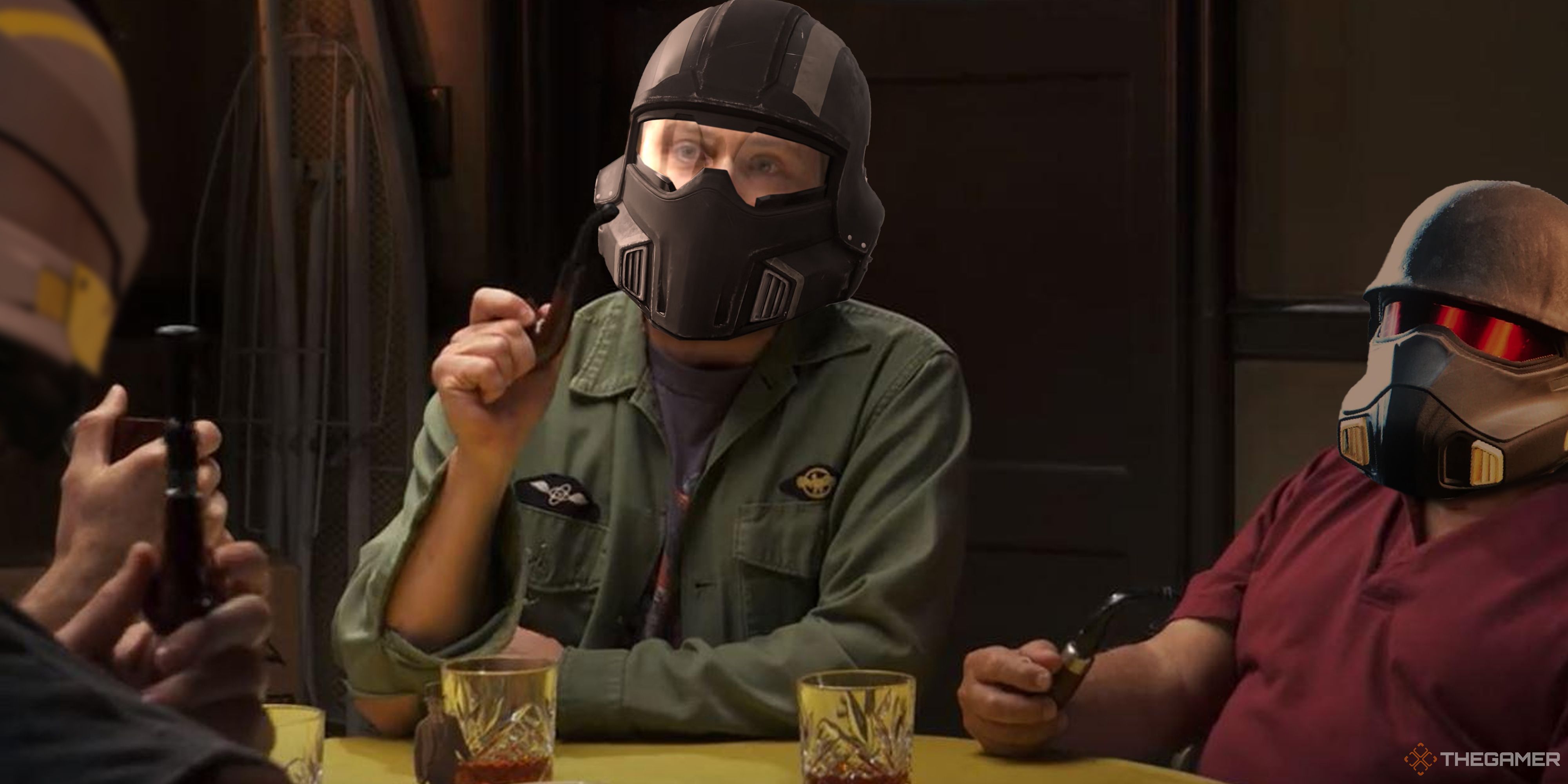 Dennis and Frank from It's Always Sunny In Philadephia characters sitting around a table wearing Helldivers masks