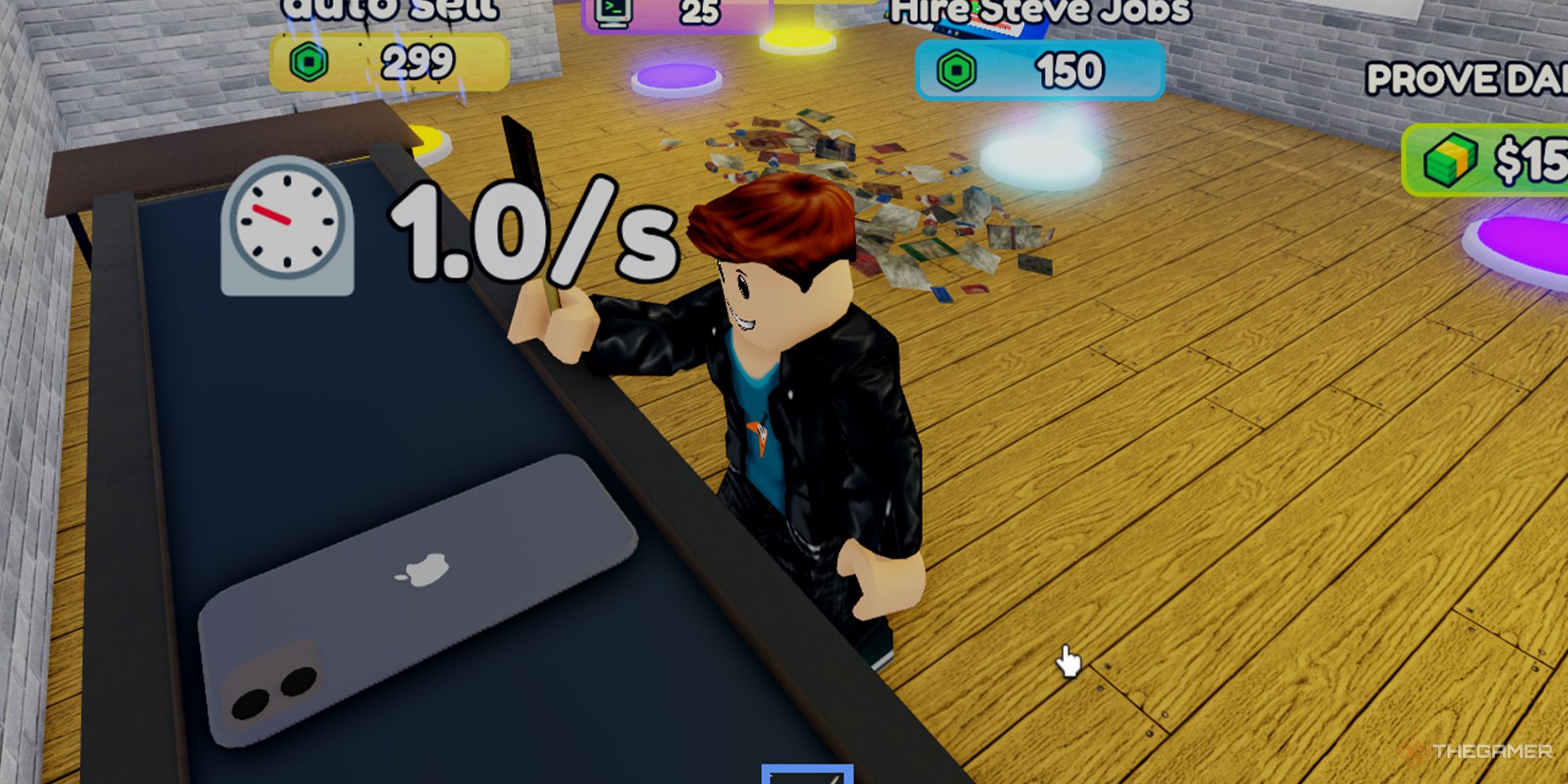 A Roblox character assembles a mobile phone on a conveyor belt in Prove Dad Wrong By Making Phones.