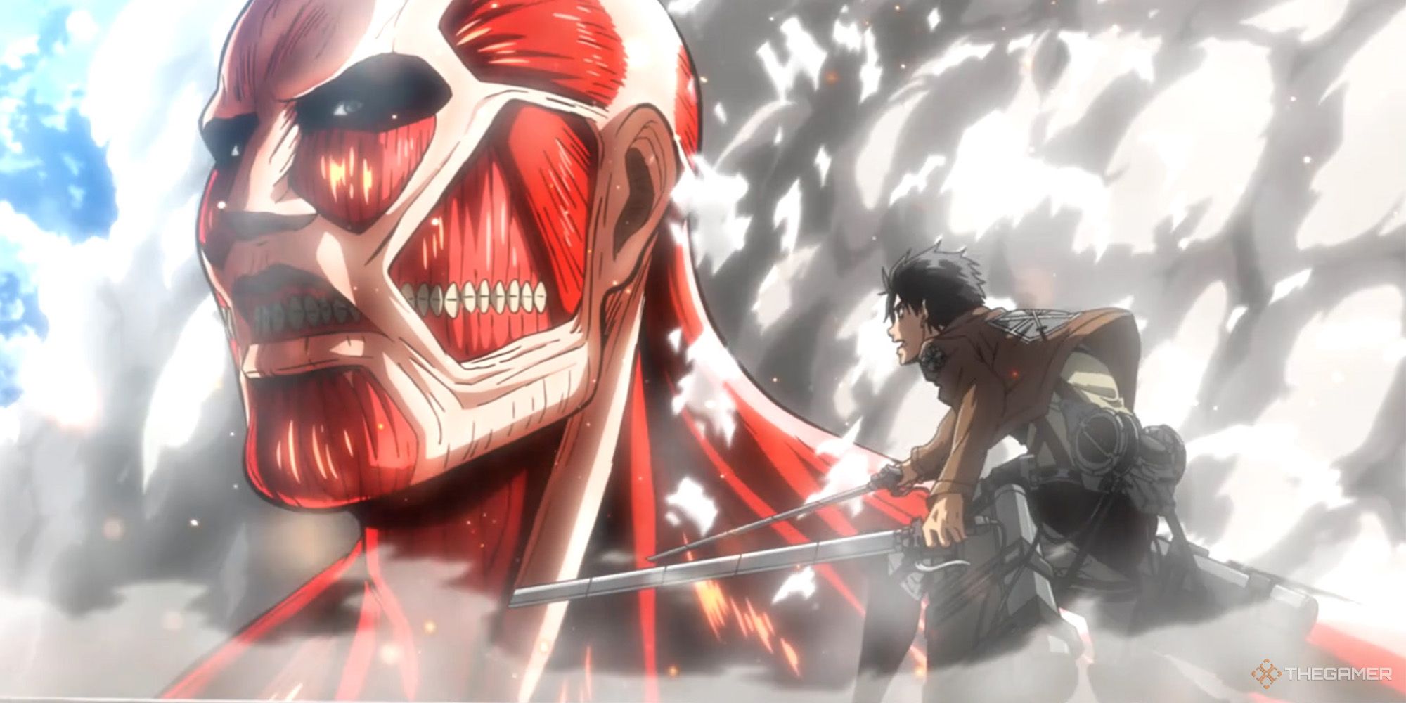 Eren fighting the Colossal Titan from Attack On Titan