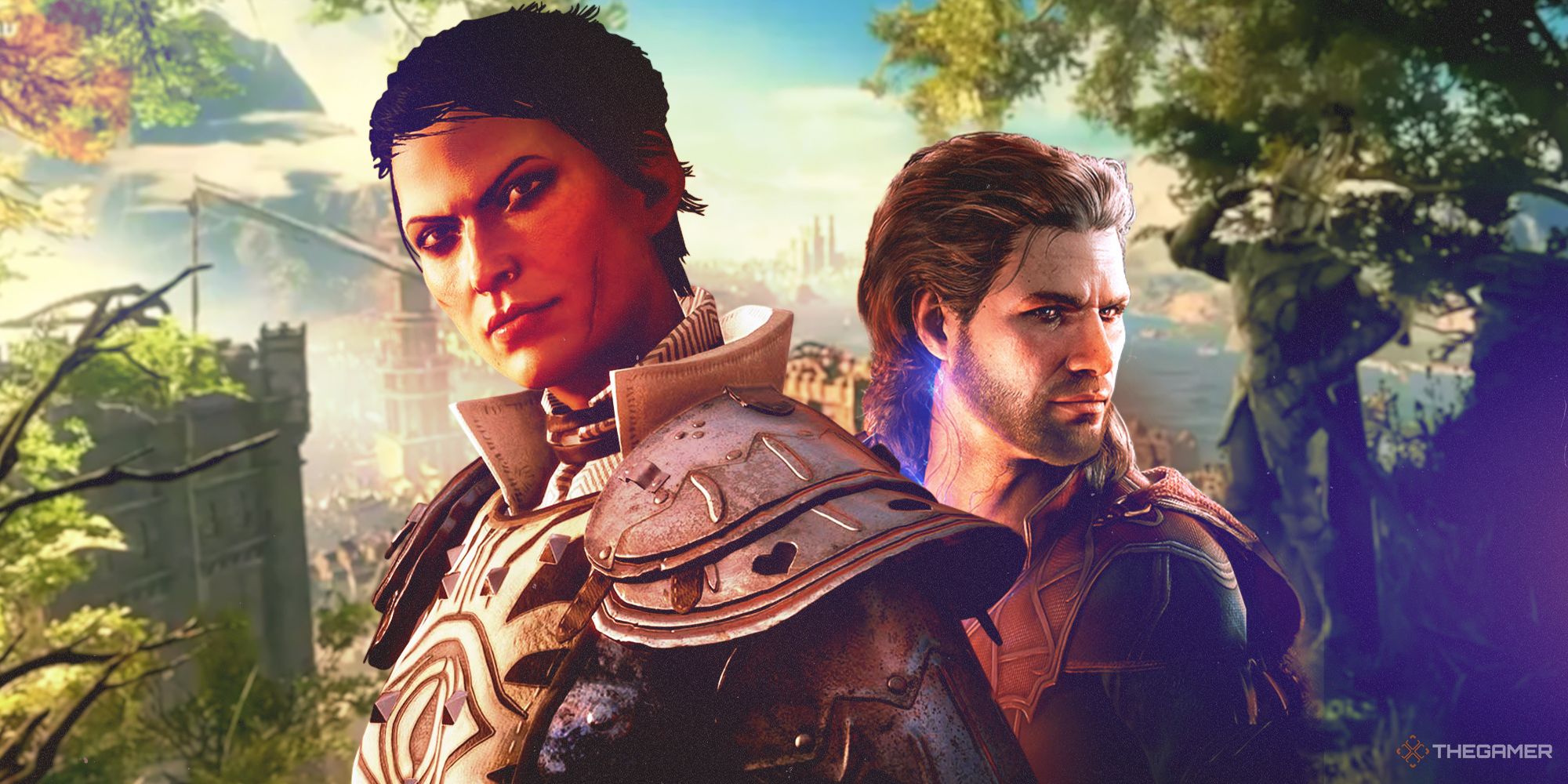 Cassandra from Dragon Age Inquisition next to Gale from Baldur's Gate 3, over a backdrop of Baldur's Gate from a distance