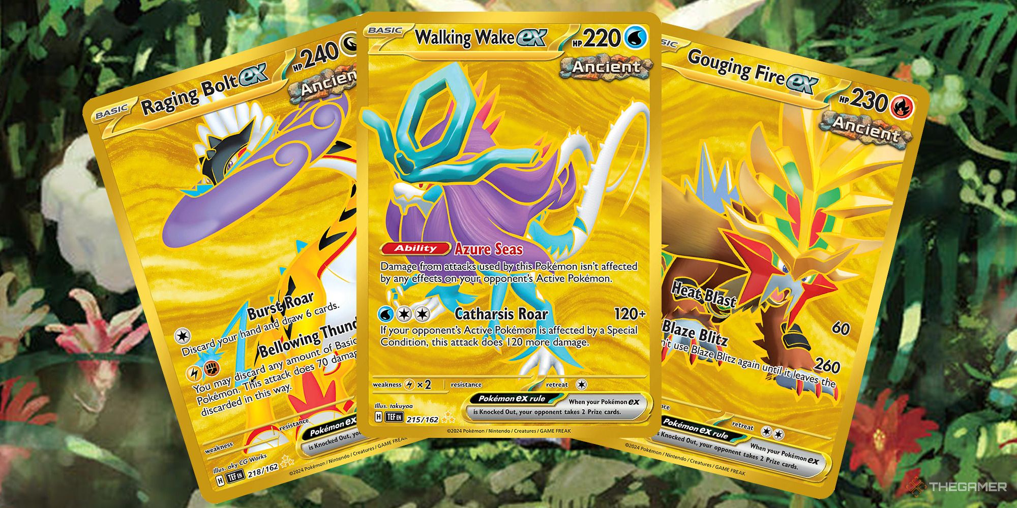 Raging Bolt, Walking Wake, and Gouging Fire EX golden variant cards
