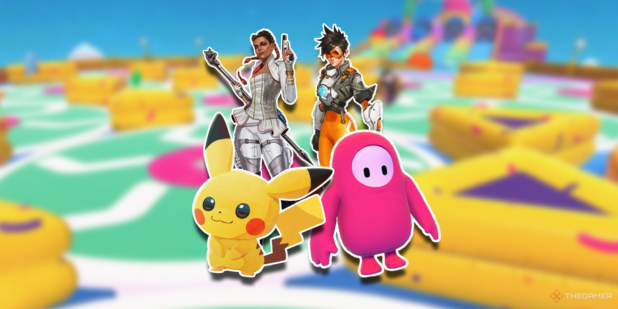 Loba from Apex Legends, Pikachu, a bean from Fall Guys, and Tracer from Overwatch 2