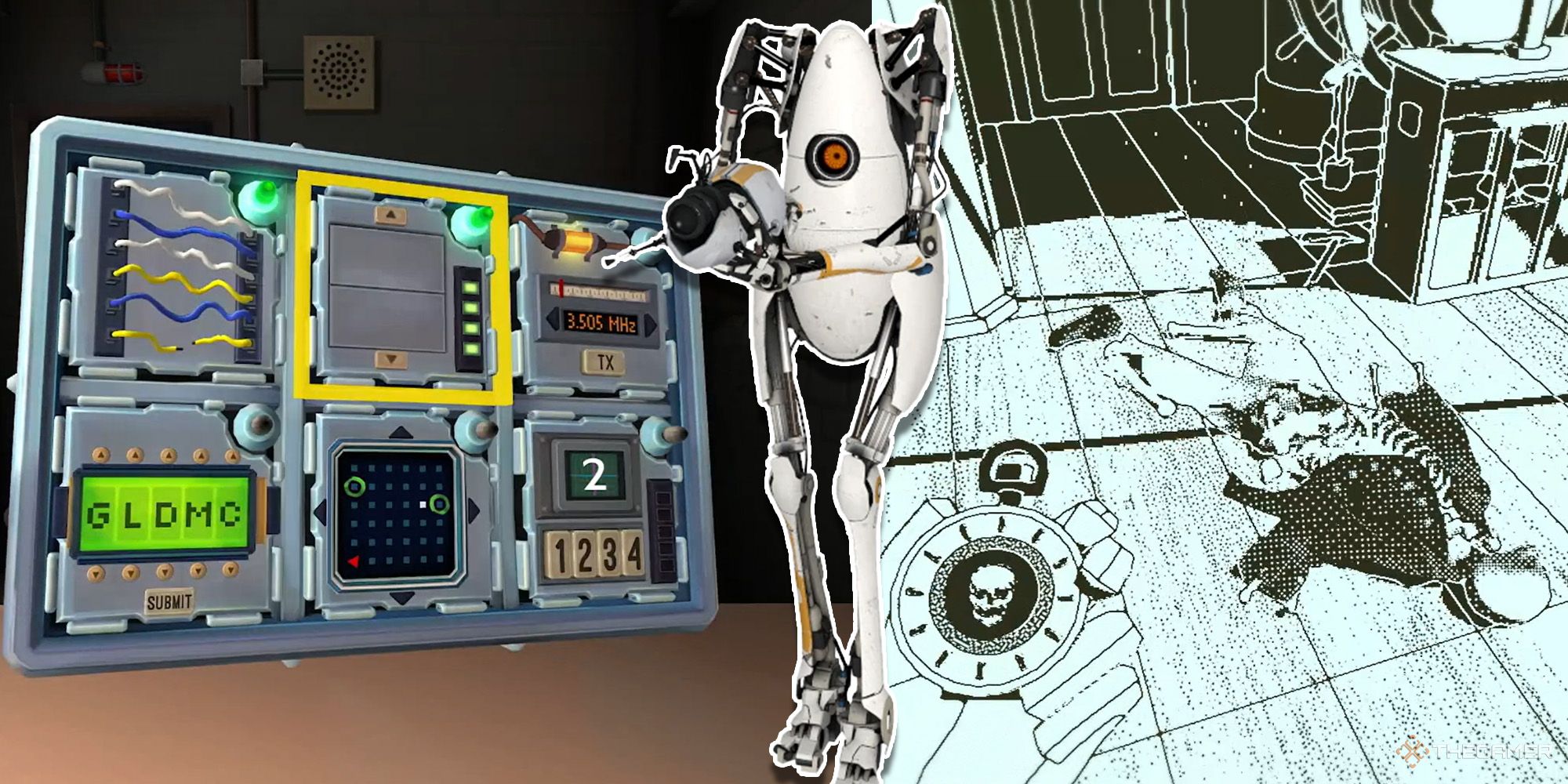 Split image of Portal 2, Return of the Orba Dinn, and Don't Talk and Nobody Explodes