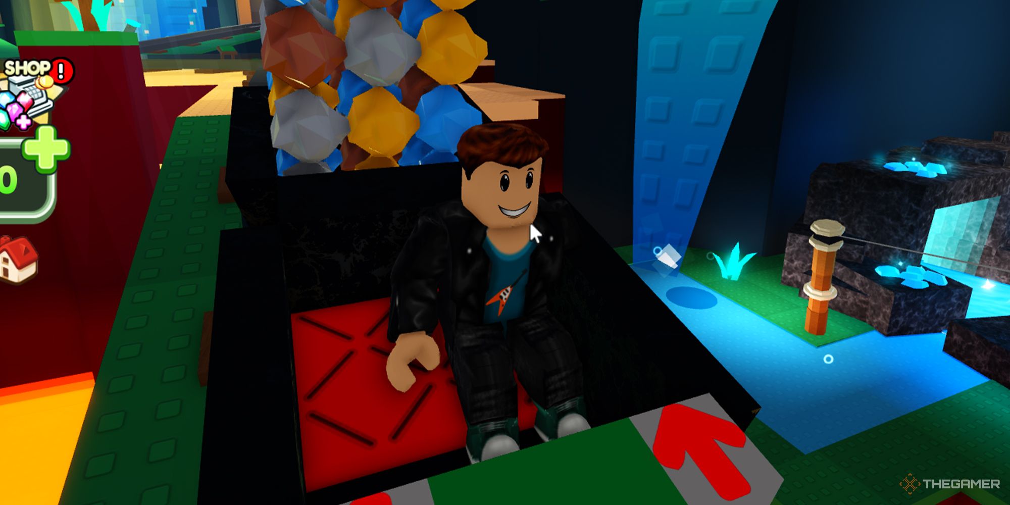 A Roblox character rides a cart full of gems through a cave in Cart Ride Tycoon.