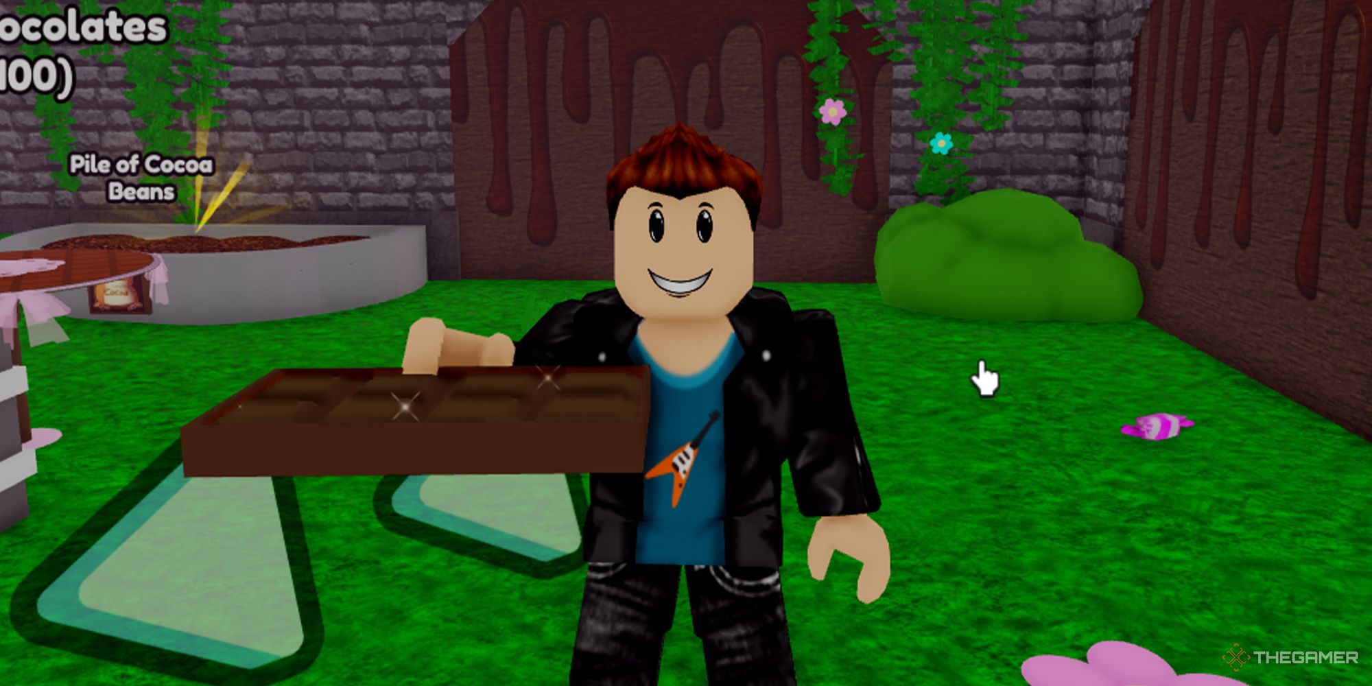 A Roblox character holds out a chocolate bar while inside a Willy Wonka-Esque factory in Prove Dad Wrong By Making Chocolates.