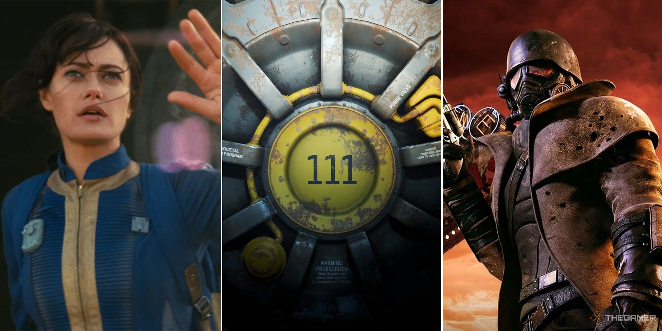 Collague showing the main character from the fallout show, the door to vault 111, and the cover art of new vegas