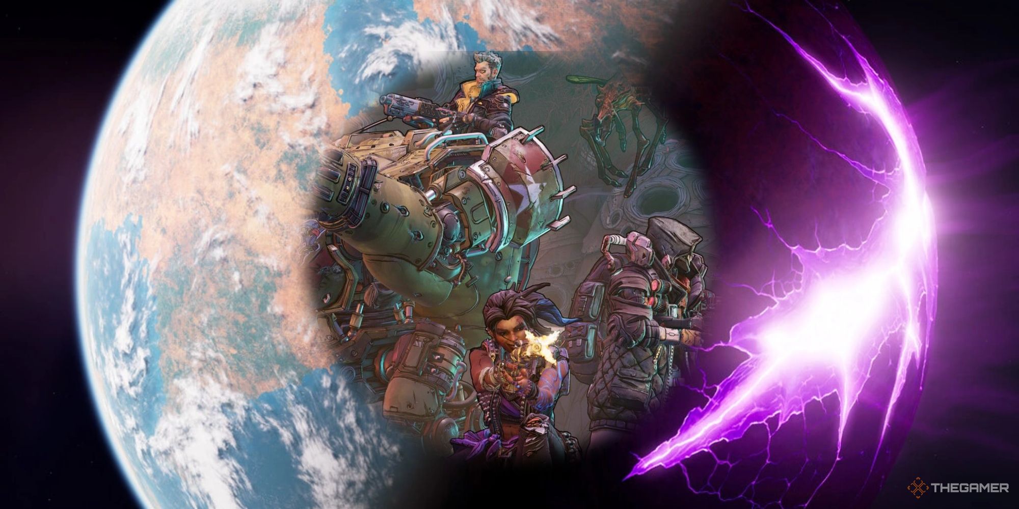 Combo Co-op Featured Image Circle Containing Borderlands 3 characters infront of shot of Pandora