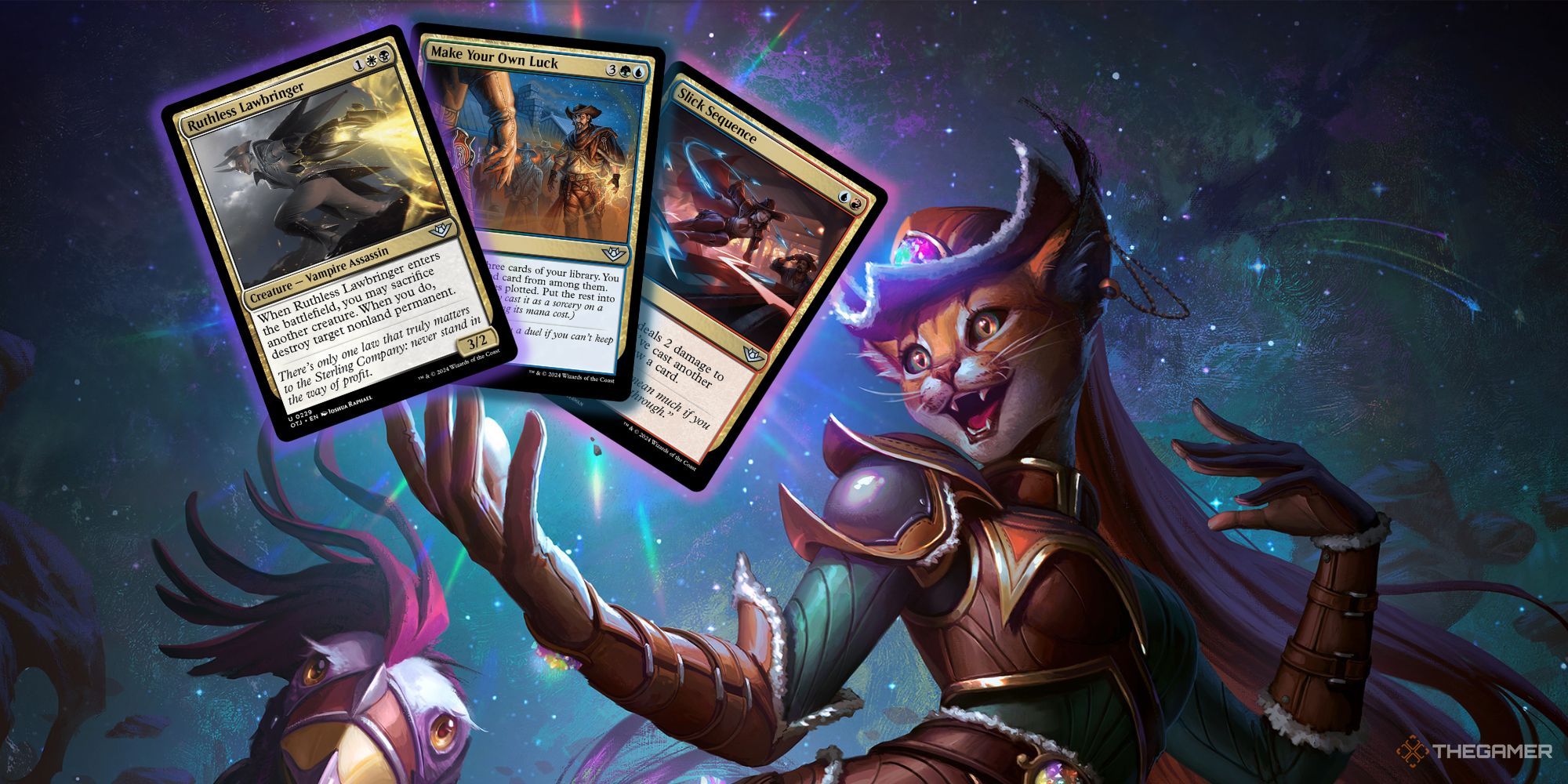 Magic: The Gathering card art of Roxanne, Starfall Savant holding card images of Ruthless Lawbringer, Make Your Own Luck, and Slick Sequence