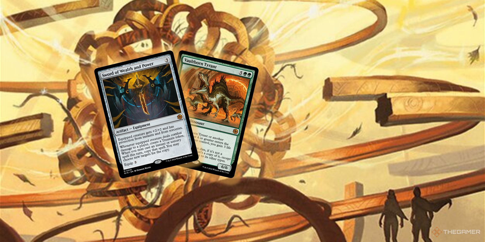 Magic: The Gathering card art for Collector's Cage + card images of Sword of Wealth and Power and Vaultborn Tyrant