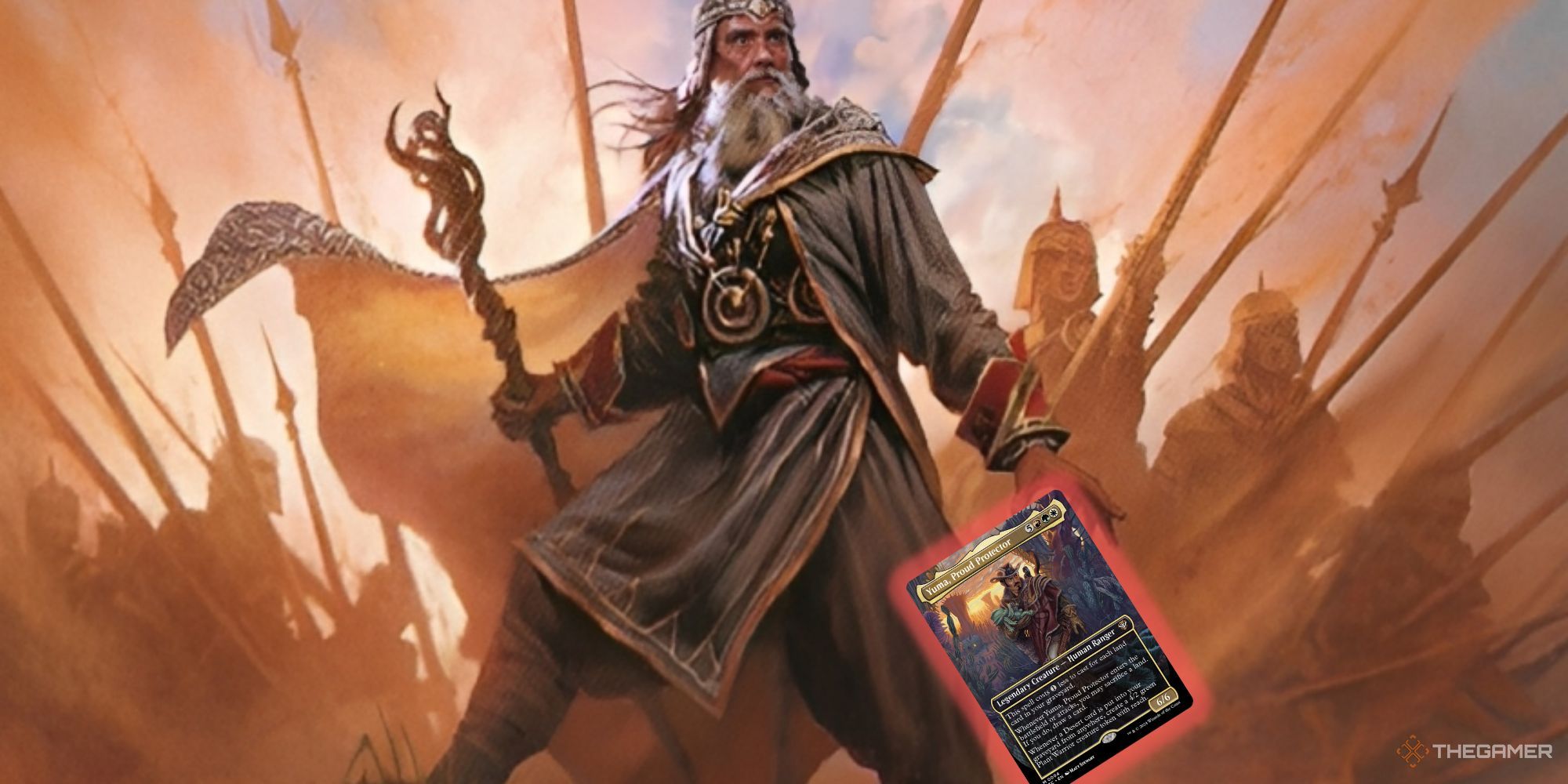 Magic: The Gathering card art for Hazezon, Shaper of Sand and card image of Yuma, Proud Protector