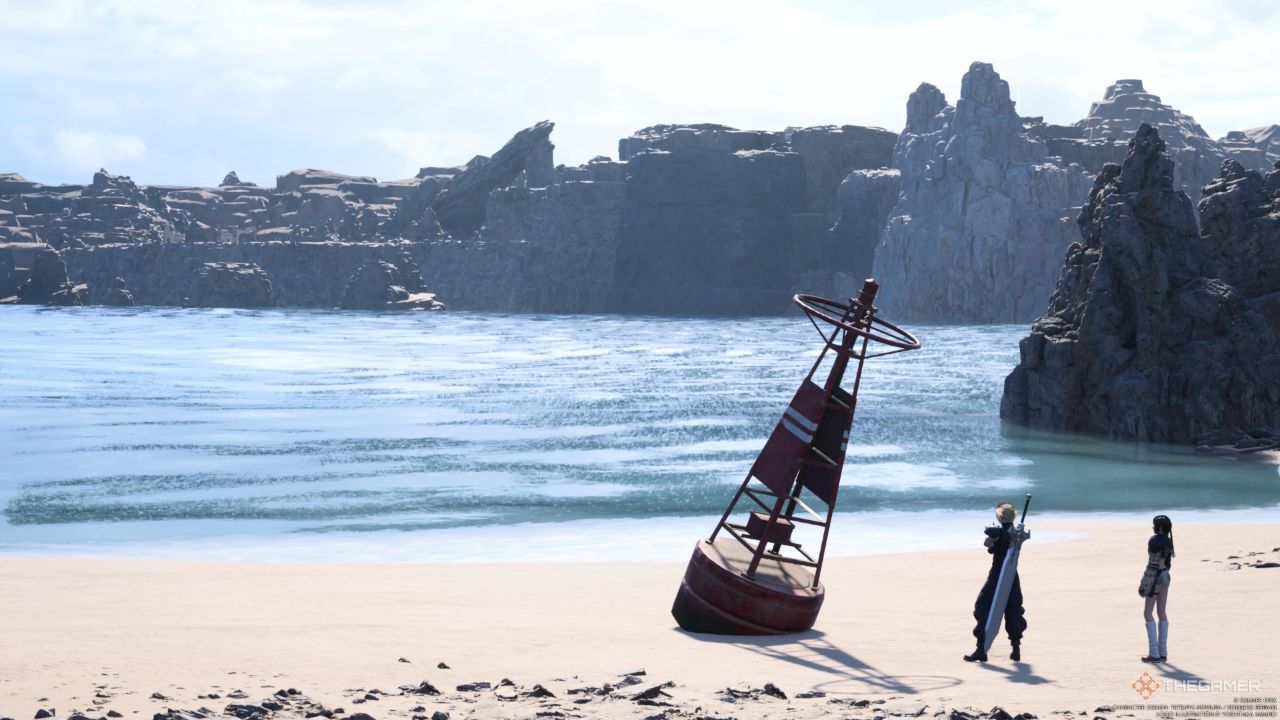 Cloud and Yuffie standing near the buoy at the Off-Limits Beach in Final Fantasy 7 Rebirth.