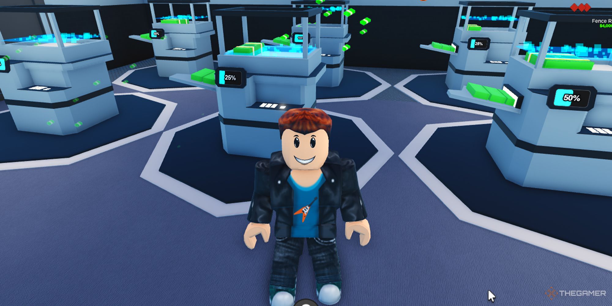 A Roblox character stands in front of several counterfit money-printing machines in Criminal Tycoon.