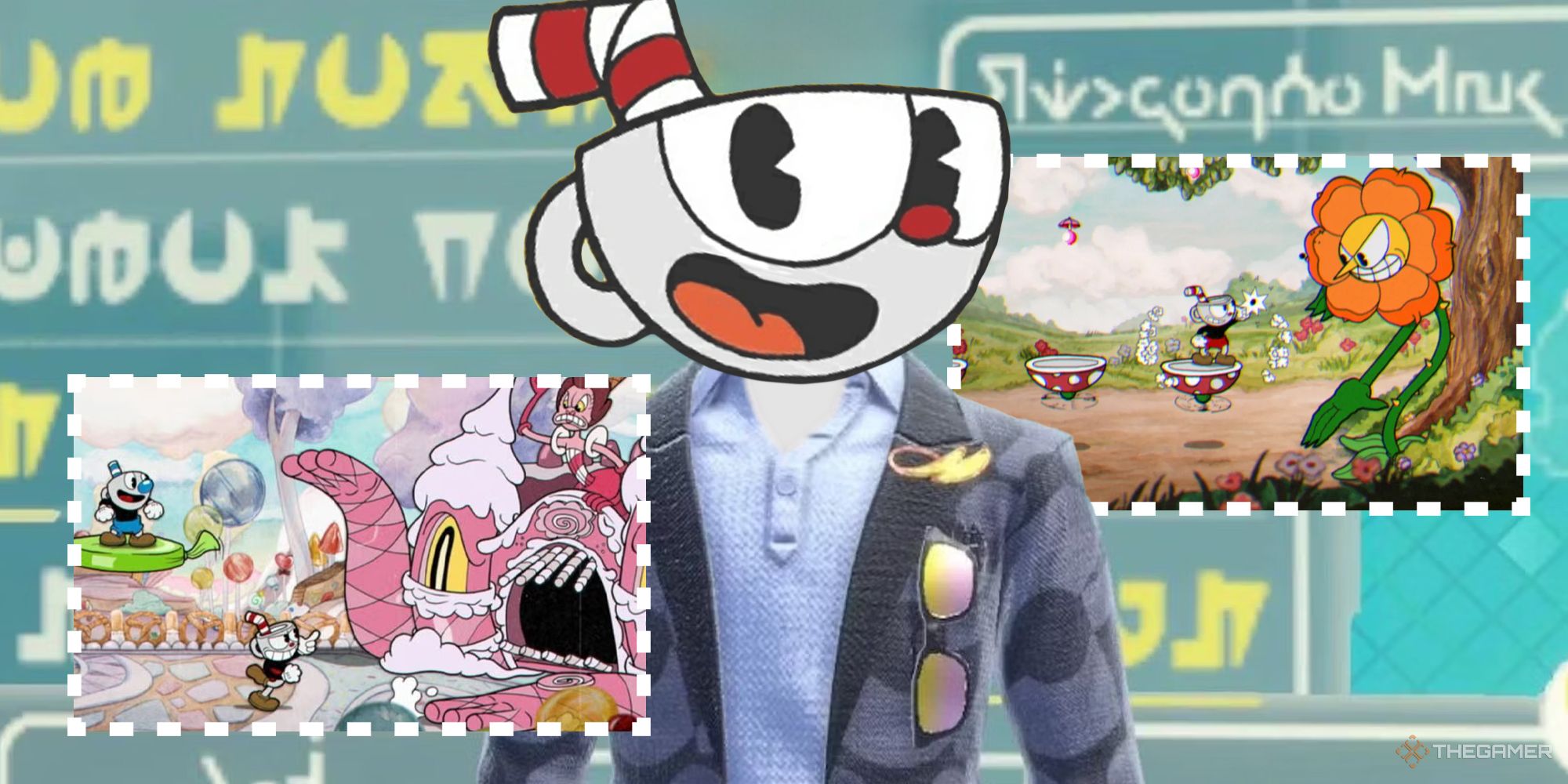 Cuphead in front of a blackboard, teaching a lesson. Screenshots of levels are superimposed on either side of Cuphead