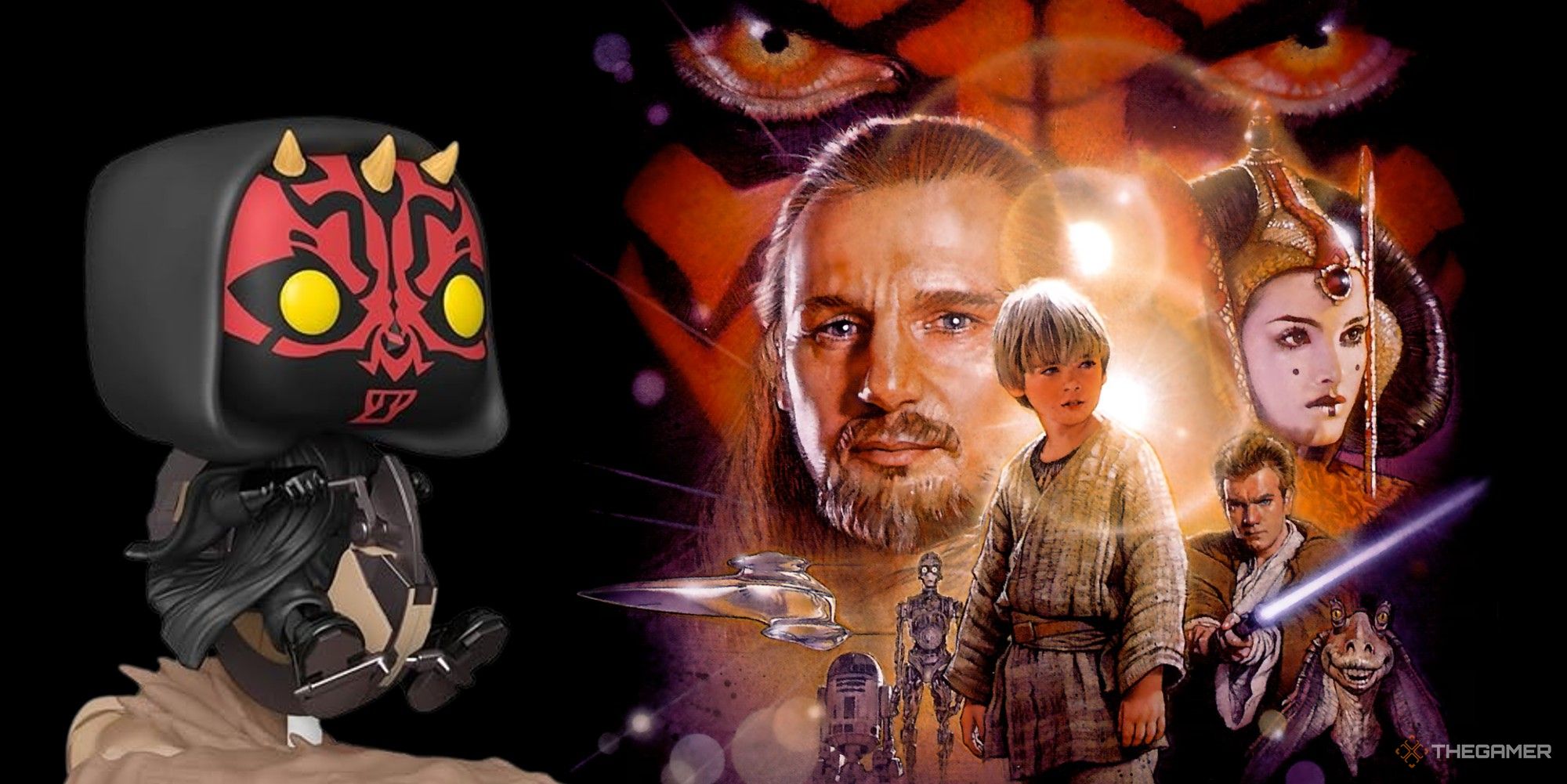 darth maul on a palafin racer funko pop next to the phantom menace poster