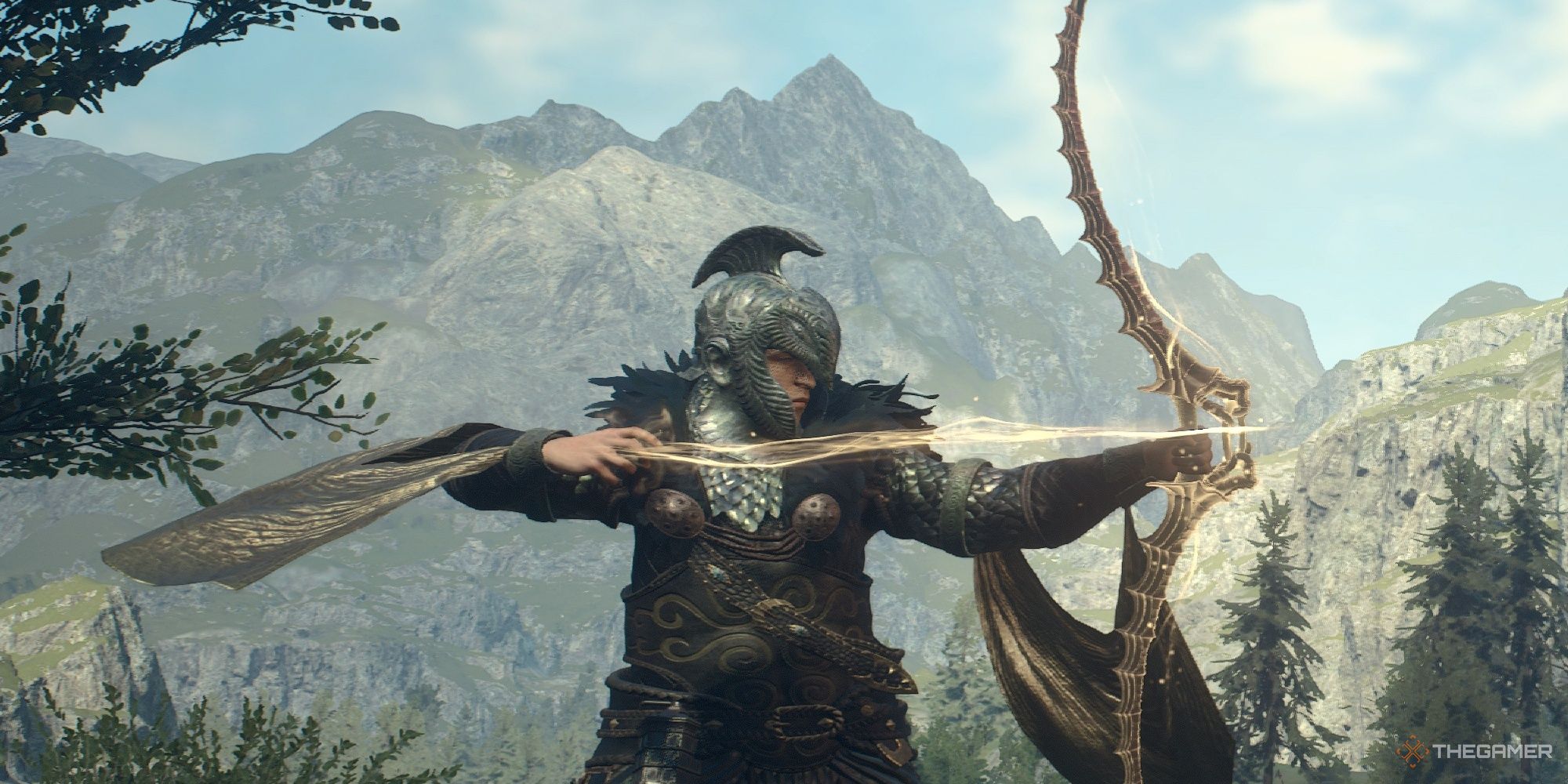 The Arisen holds a bow drawn with a magick arrow in Dragon's Dogma 2.
