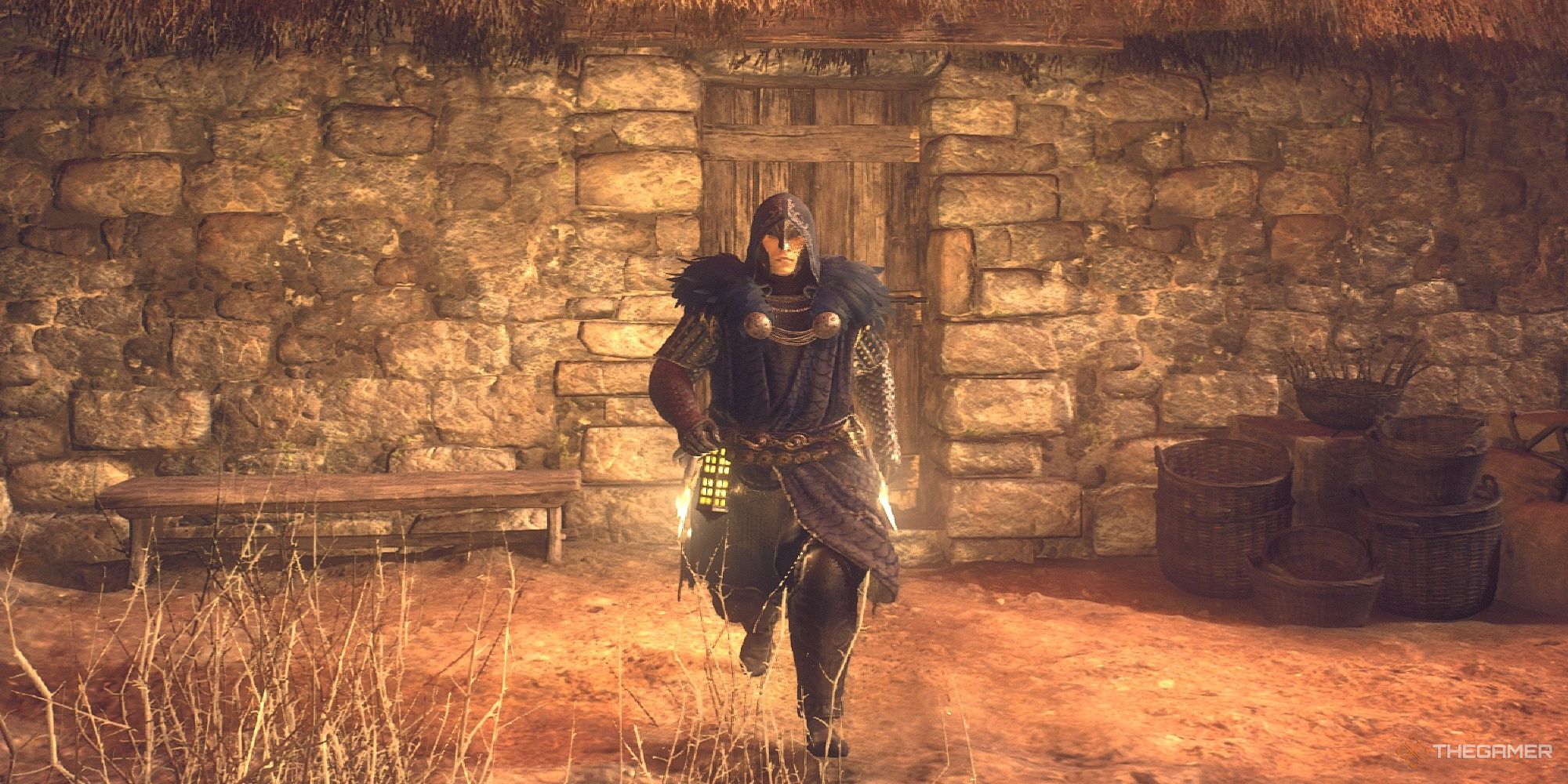 The Arisen stands in front of a lodge in the Excavation Site in Dragon's Dogma 2.