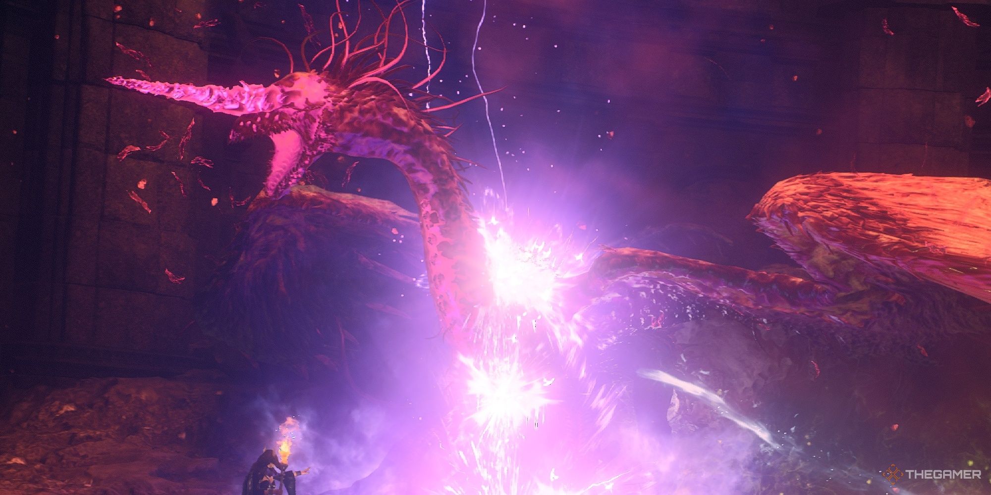 The Purgener Dragon In Vernworth being attacked in Dragon's Dogma 2.