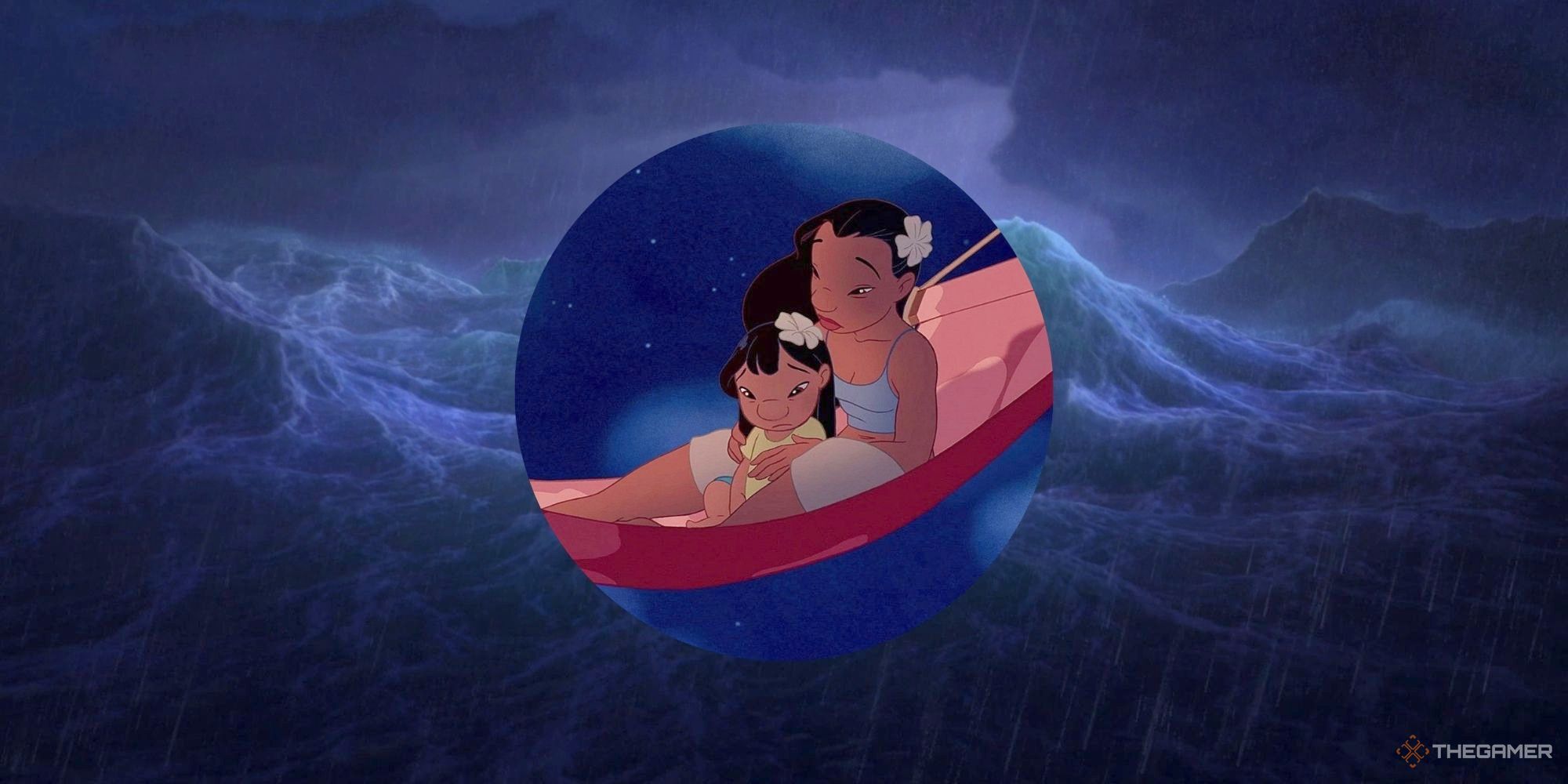 Disney Heroes Who Have Lost Their Parents Featured Image of Lilo and Nani in circle with water behind them