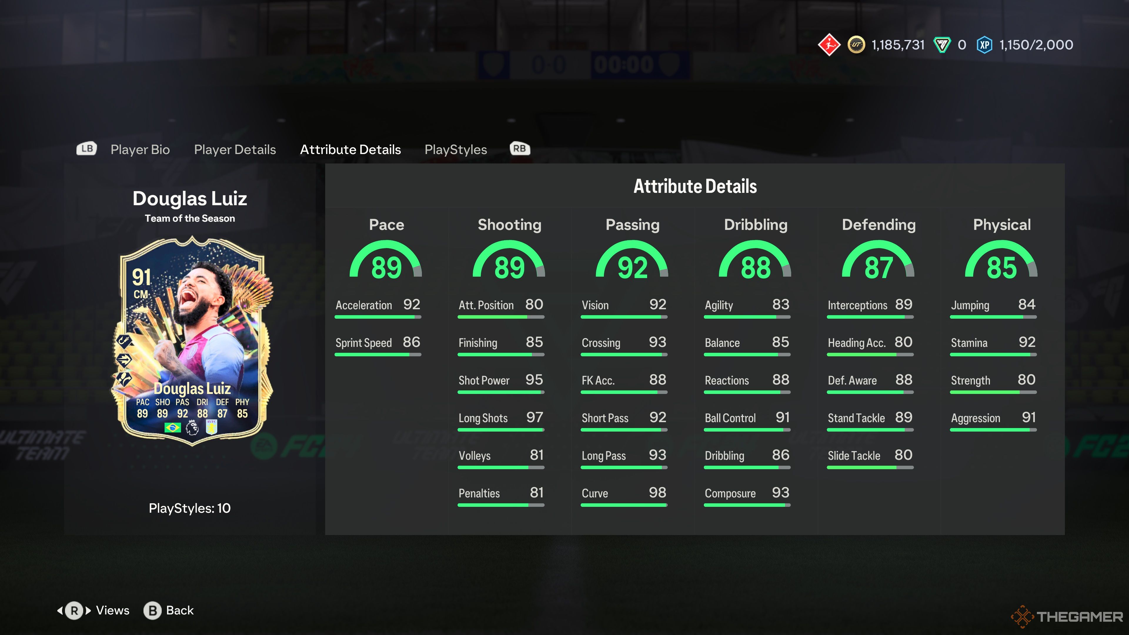 Douglas Luiz&rsquo;s TOTS Card Attributes in the menu of EA Sports FC 24.