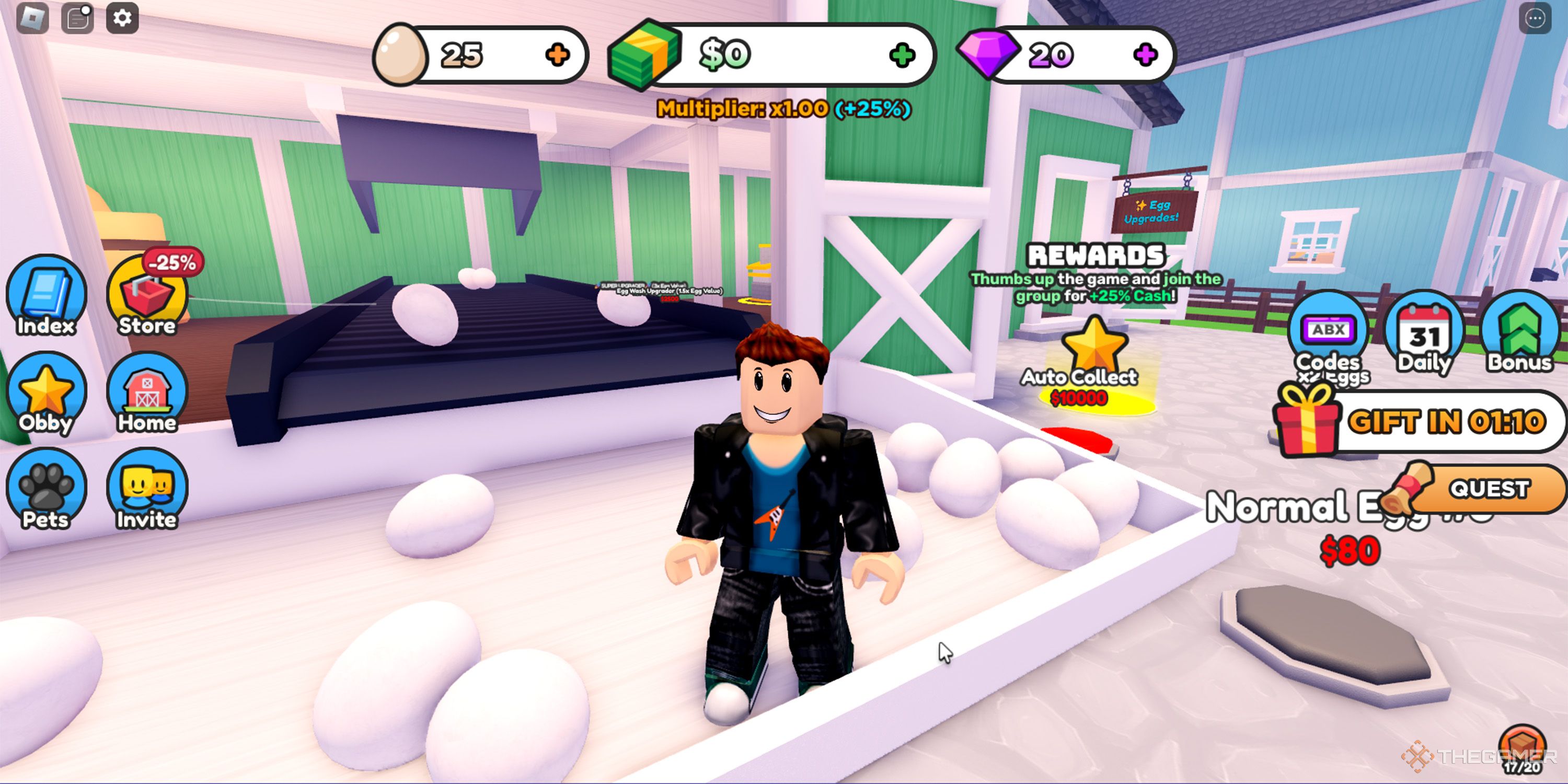 A Roblox character stands inside an egg dropoff near a barn in Egg Farm Tycoon 2.