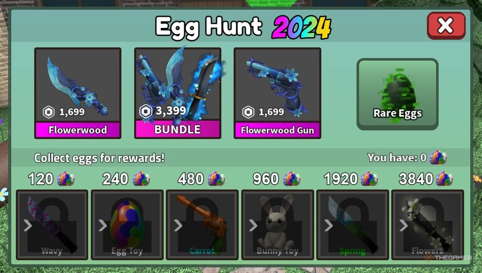 A view of the Murder Mystery 2's Egg Hunt 2024 event rewards in Roblox.