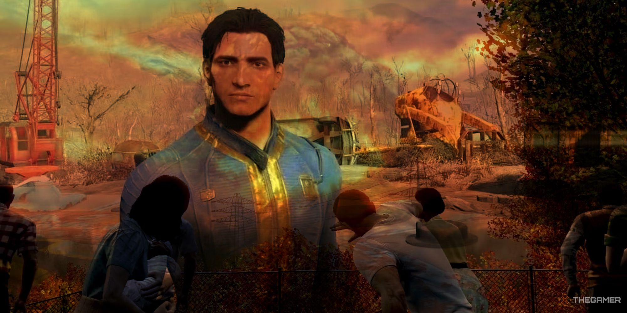 Fallout 4 Nate with the nuke scene superimposed over the top