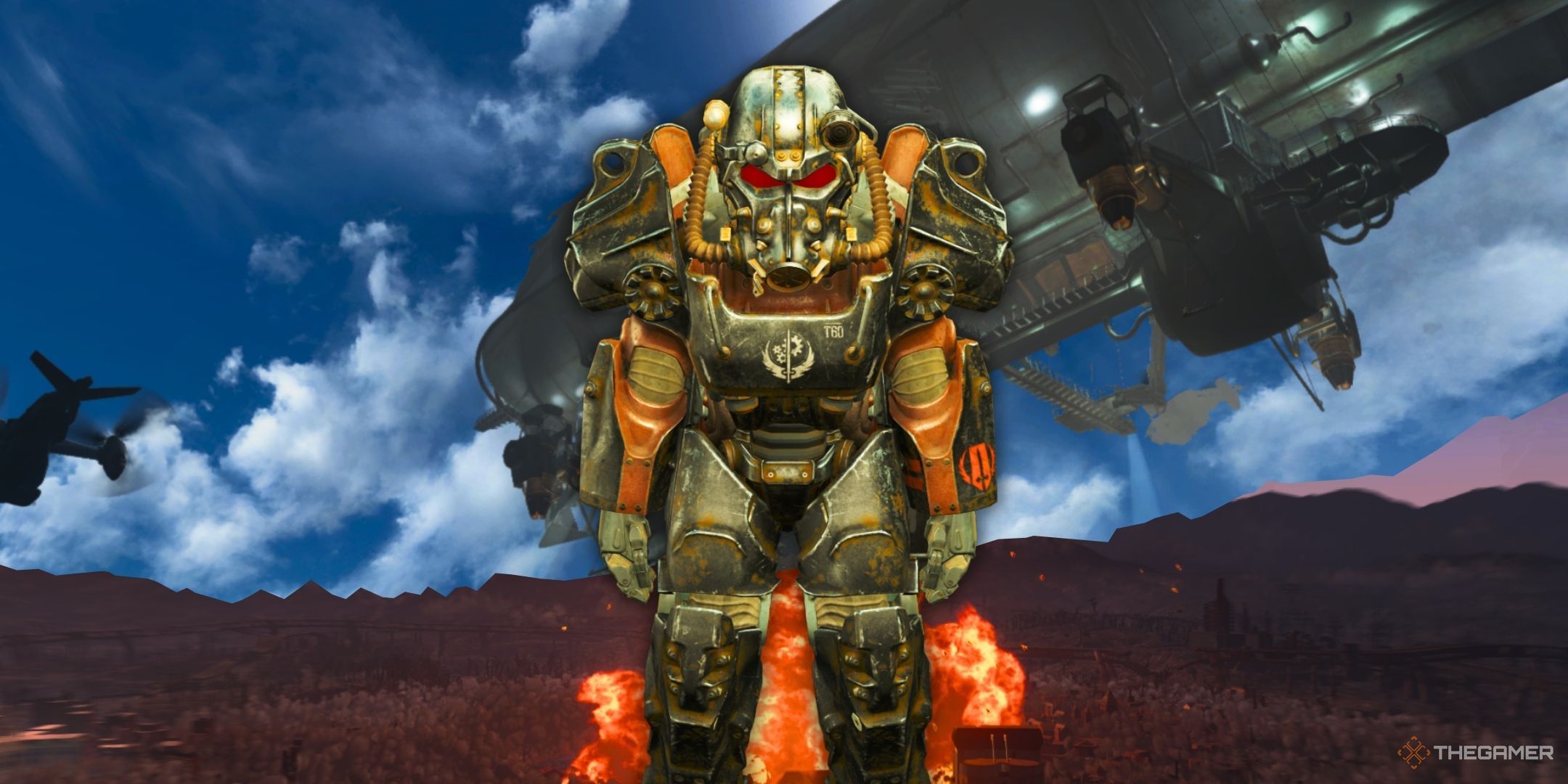 An illuminated set of Paladin Power Armor, with the Prydwen airship and a large explosion seen in the background.