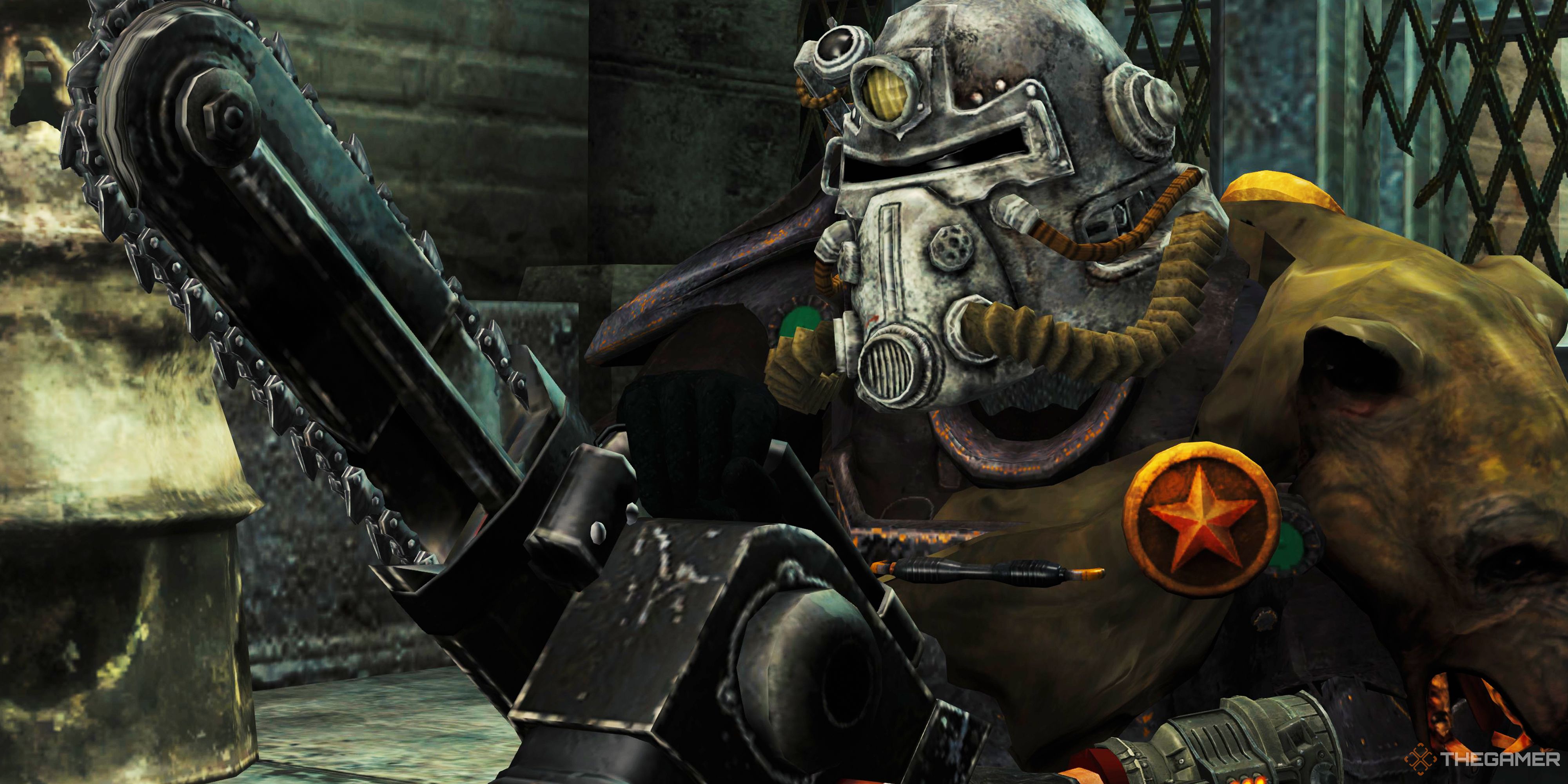 Fallout New Vegas Courier in NCR  power armour wielding a chainsaw