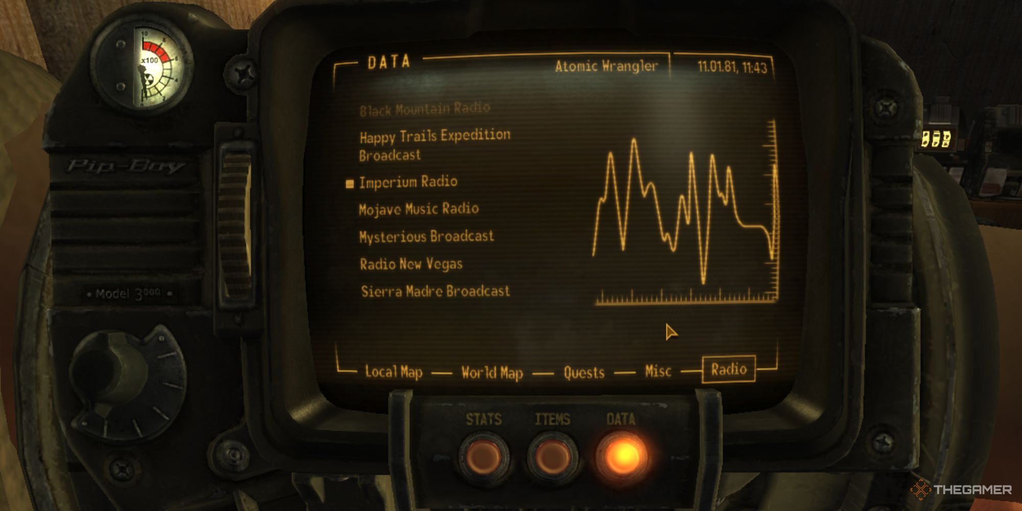 A pip boy in Fallout: New Vegas, showing the screen of various radio stations. One of them was added with a mod: Imperium Radio