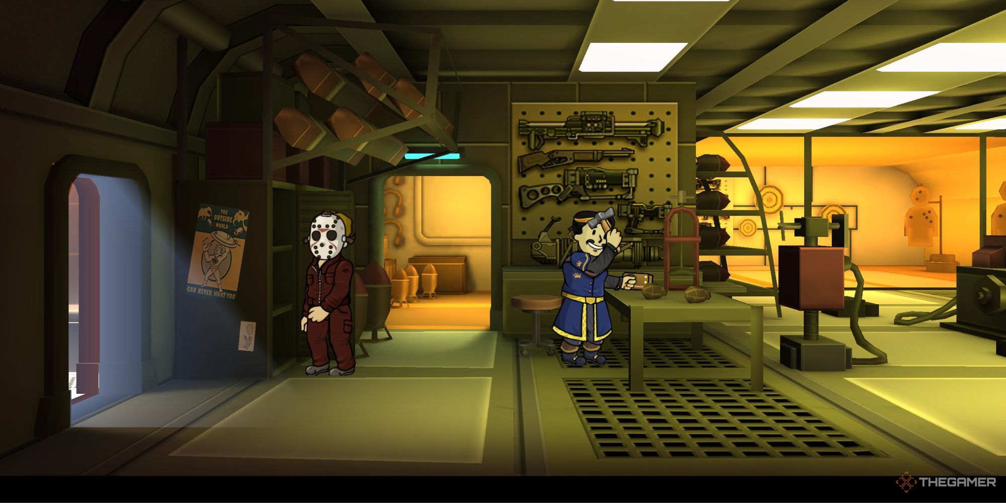 Fallout Shelter A vault dweller hammering against a table and another dweller looking at some shelves