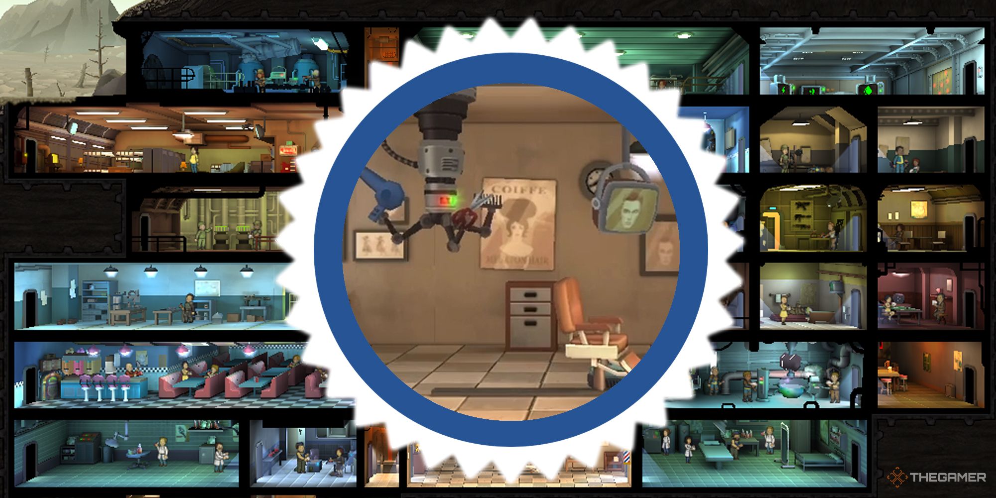 Fallout Shelter barbershop in an emblem over a Vault layout