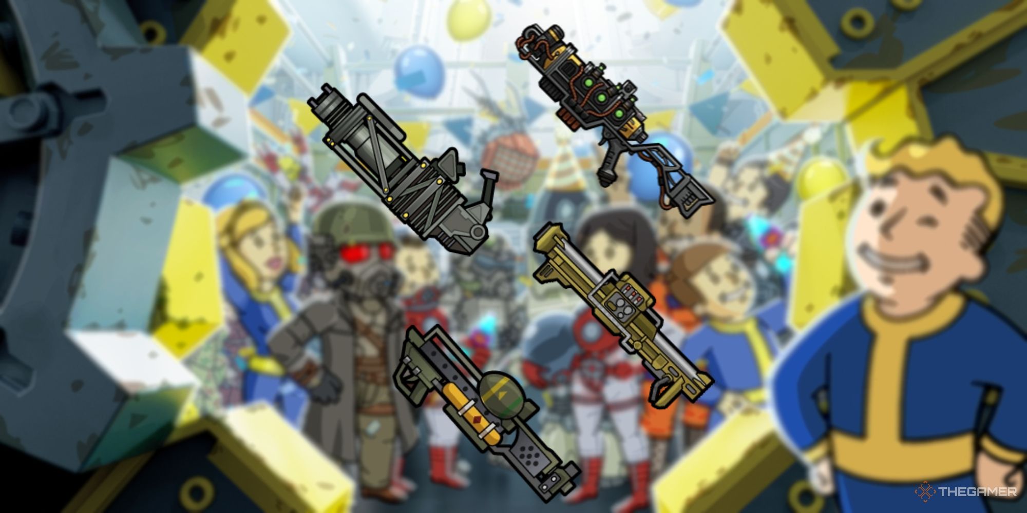 An image from Fallout Shelter showcasing four of the best weapons in the game.