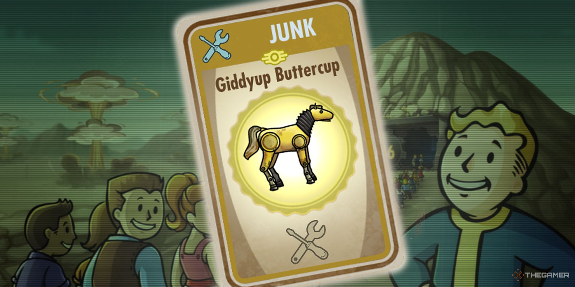 Fallout Shelter dwellers entering vault with junk card overlay