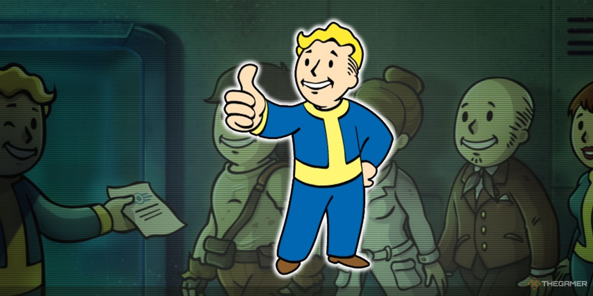 Fallout Shelter dwellers entering vault with Vault Boy overlay