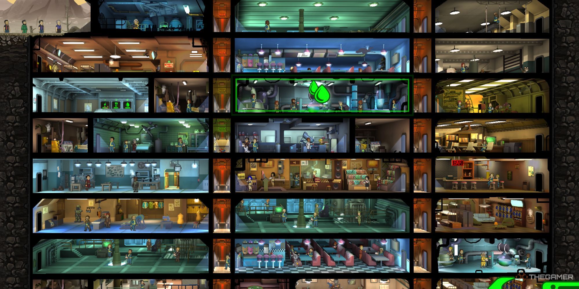 Fallout Shelter Zoomed Out Image Showing Straight Elevator Shafts