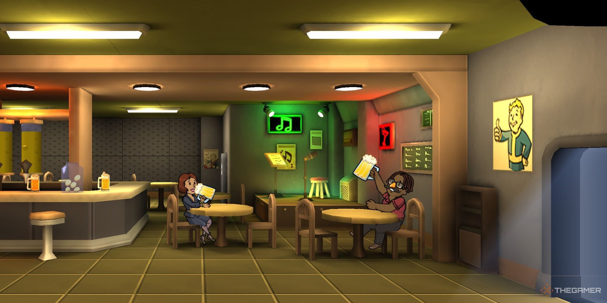 Fallout Shelter Two vault dwellers using the bar, drinking beers and celebrating