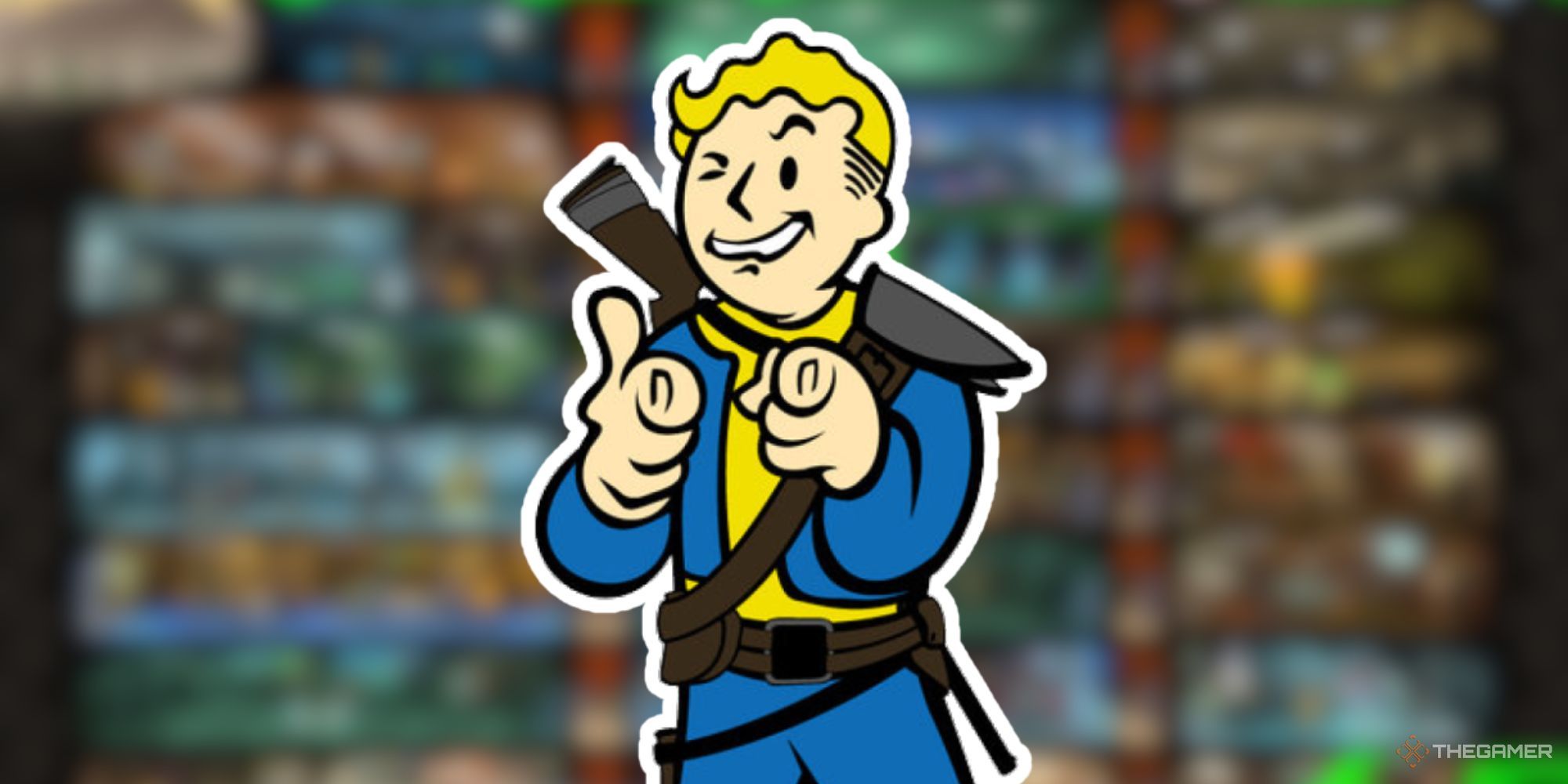 Fallout Shelter Vault Boy Pointing Finger Guns At You And Winking Over Blurred Background