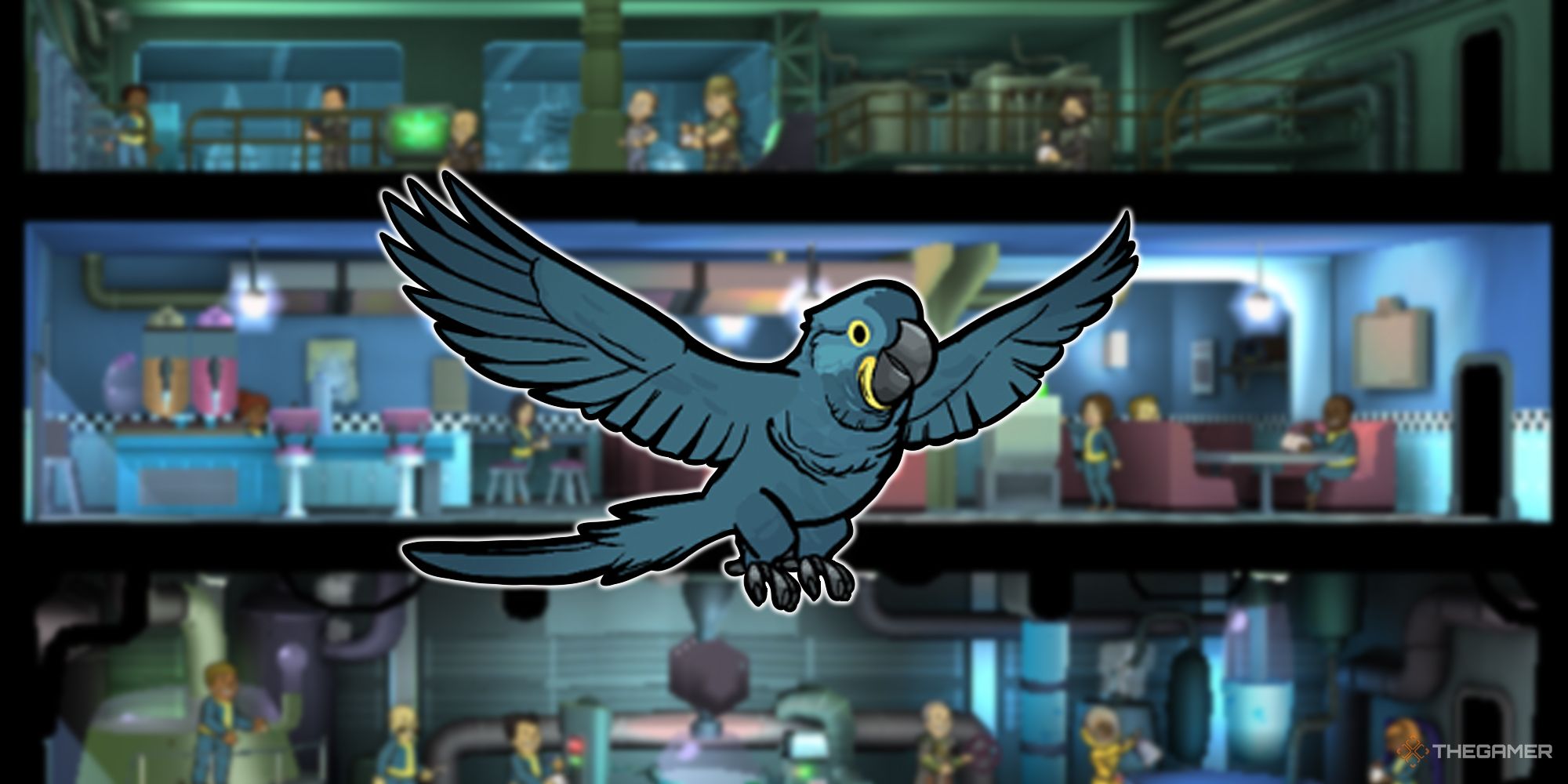 Fallout Shelter vinnie the parrot with a vault background