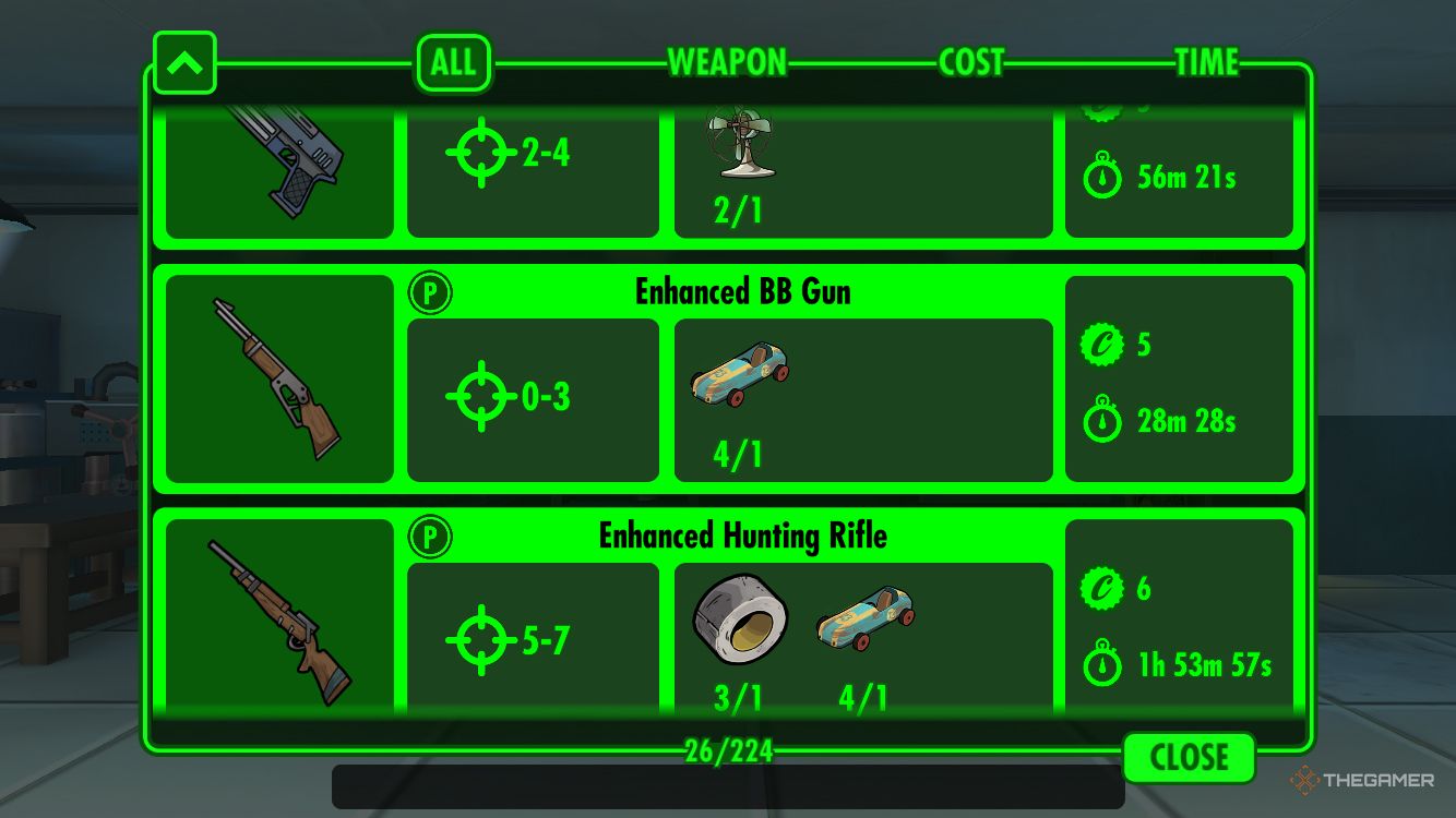 Fallout Shelter weapon crafting