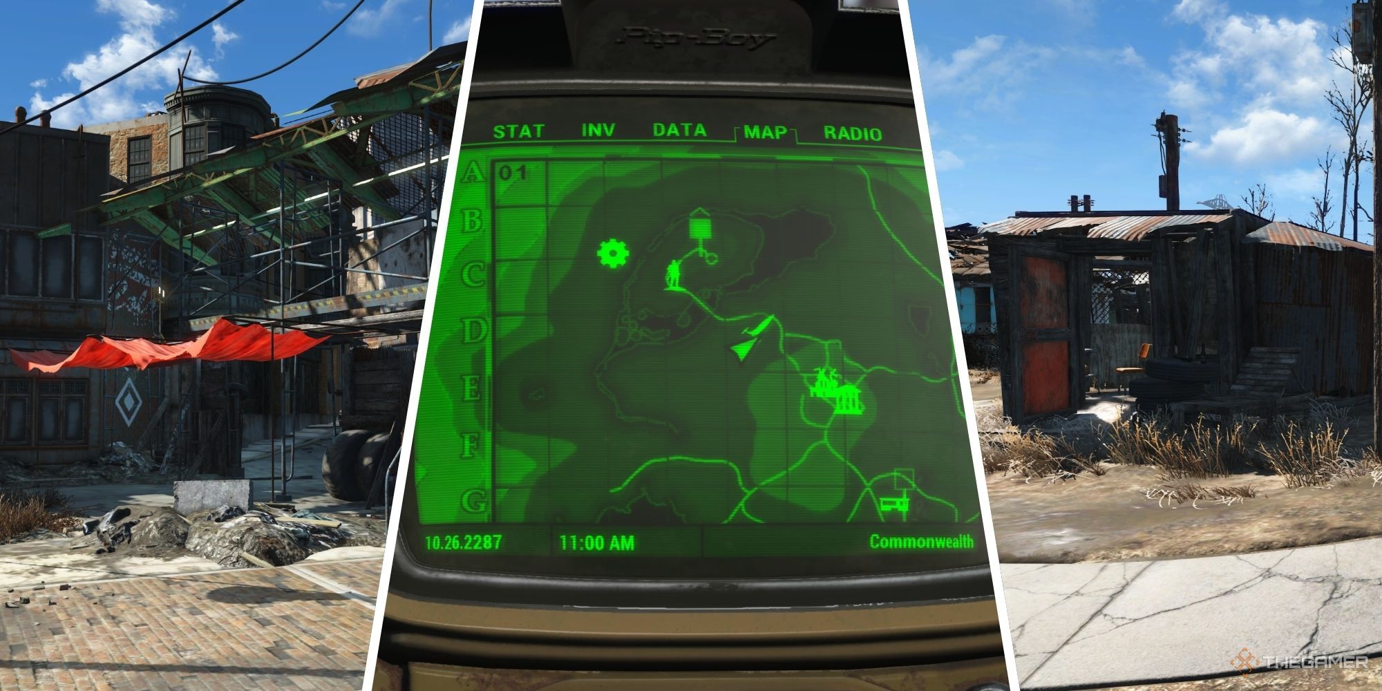 Fallout Split image of Diamond City, a pip-boy map, and a settlement